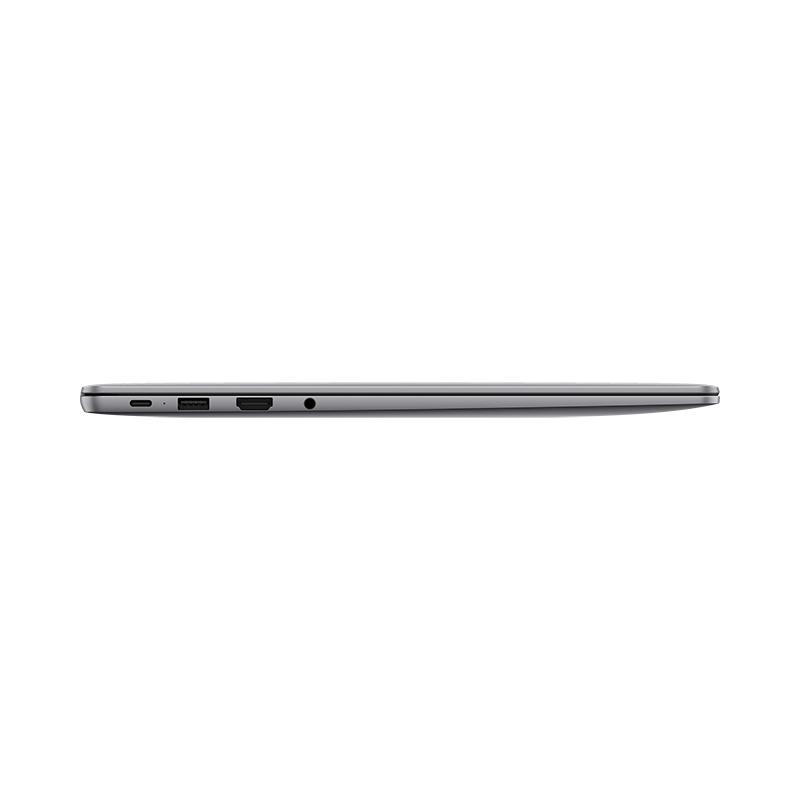 Seitenansicht eines grauen Laptops mit Anschlüssen und Design auf weißem Grund.