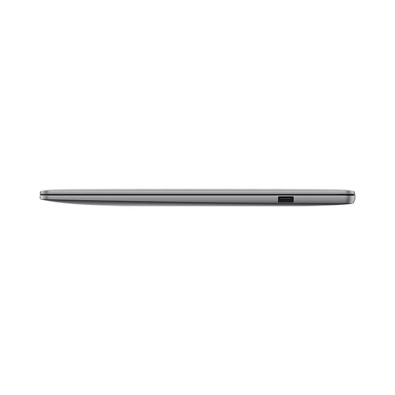 Laptop-Seitenansicht. Es ist silberfarben, mit einem sichtbaren USB-Anschluss.