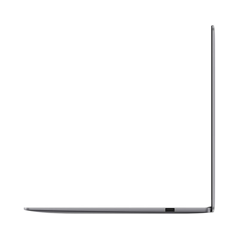 Seitenansicht eines silbernen Laptops, geöffnet mit sichtbarem Anschluss. Der Laptop steht vor weißem Hintergrund.