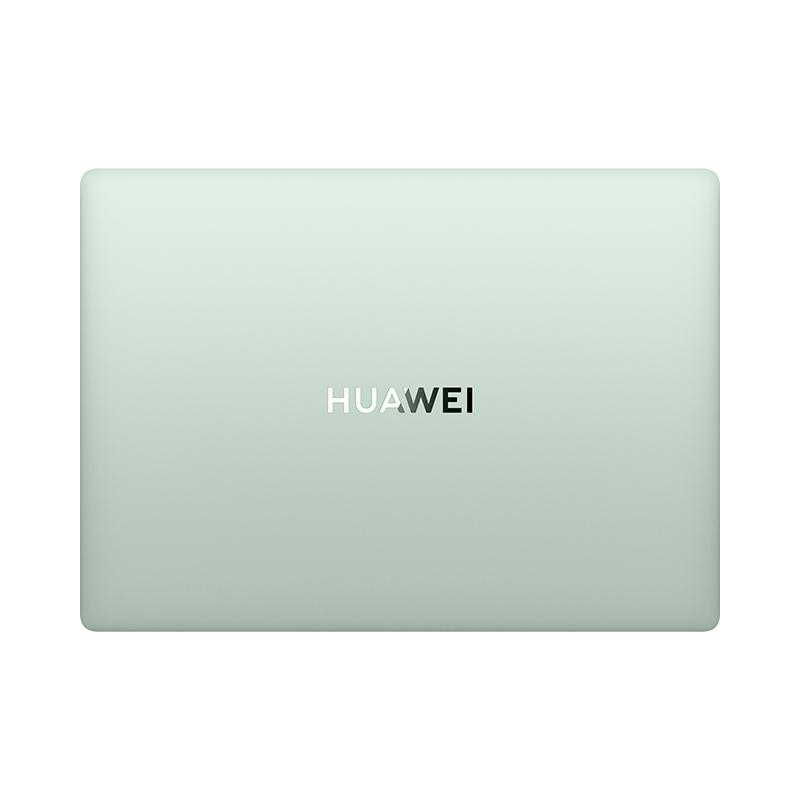 Minzgrüner Huawei-Laptop, geschlossen, mit dem Huawei-Logo mittig auf dem Deckel.
