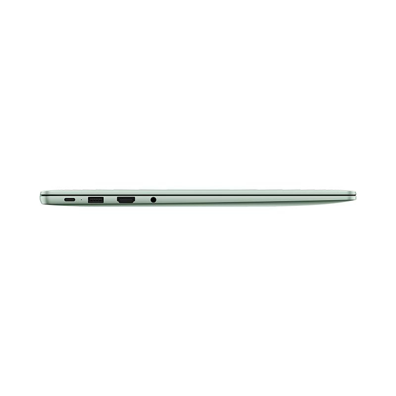 Ein schlanker, hellgrüner Laptop von der Seite gesehen, Anschlüsse sichtbar.
