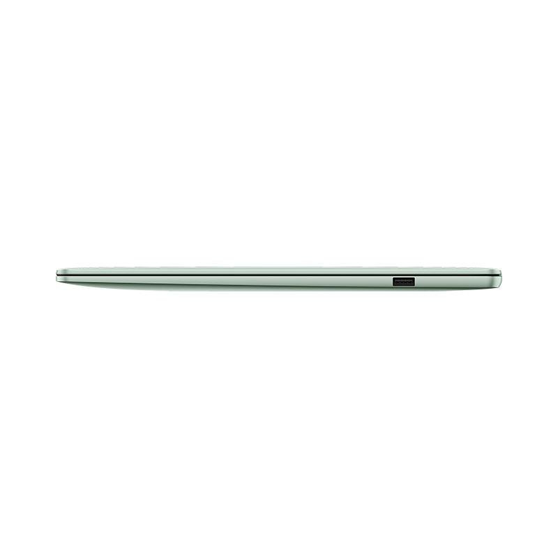 Seitenansicht eines geschlossenen, grünen Laptops.