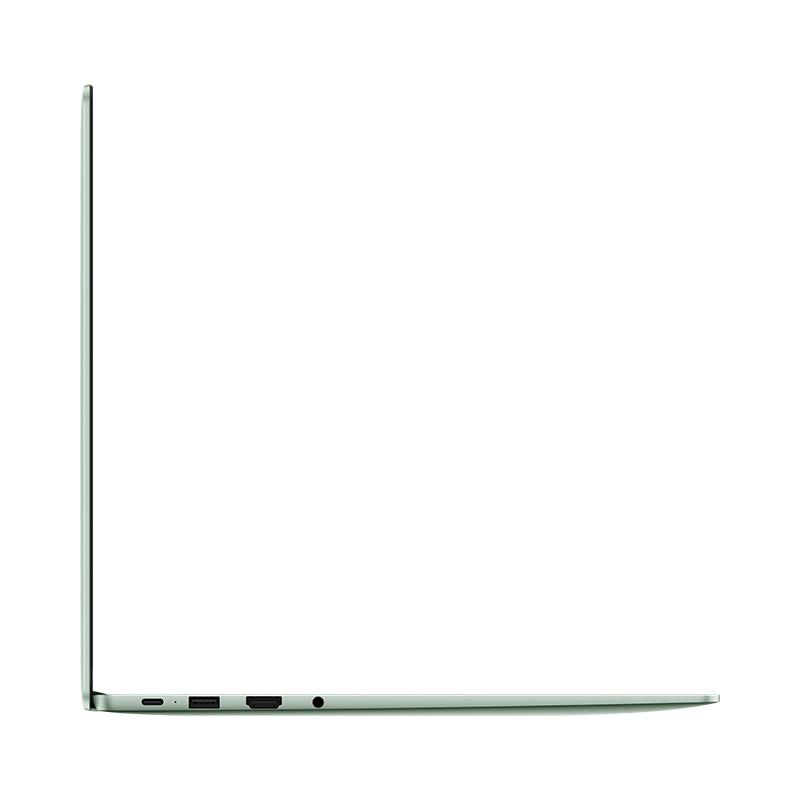 Seitenansicht eines hellgrünen Laptops. Es ist geschlossen und vor weißem Hintergrund.