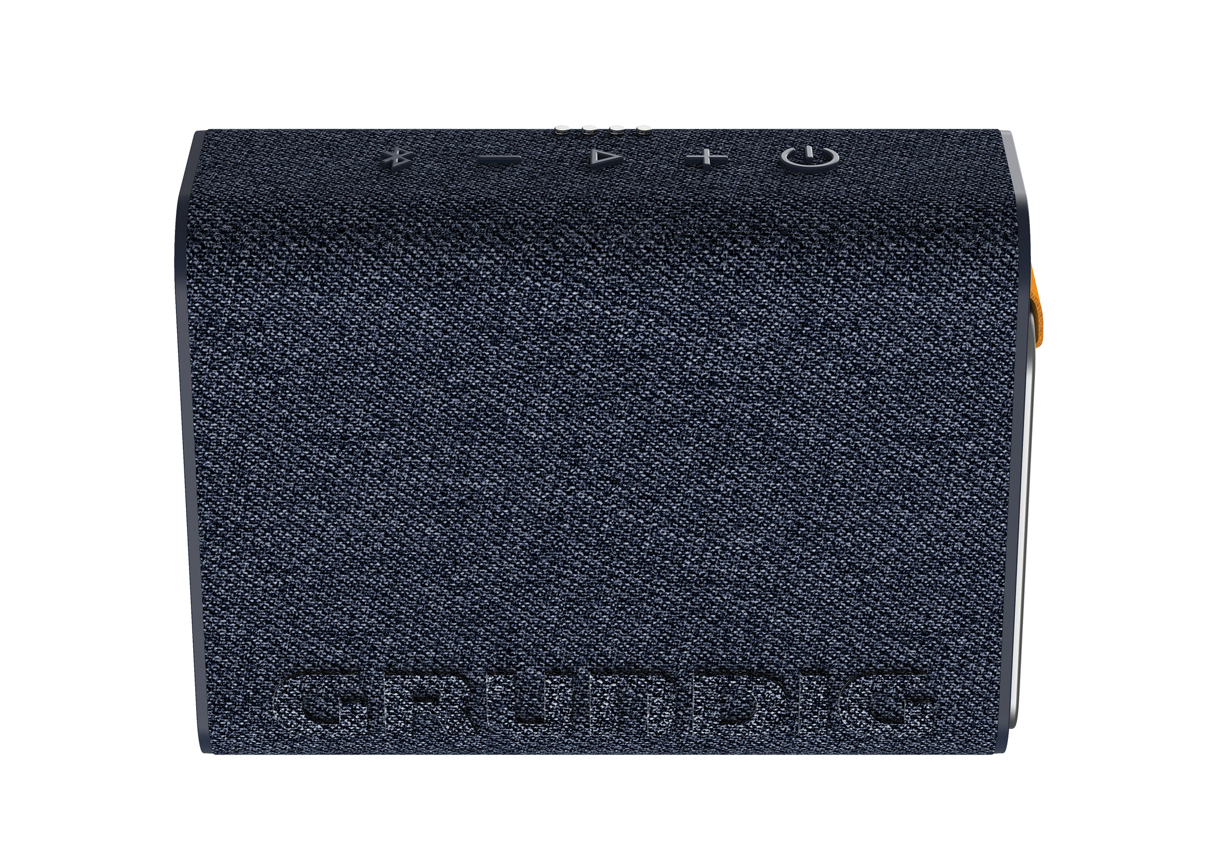 Düğme kontrolleri ve Grundig logosu olan küçük, mavi kare bir hoparlör.