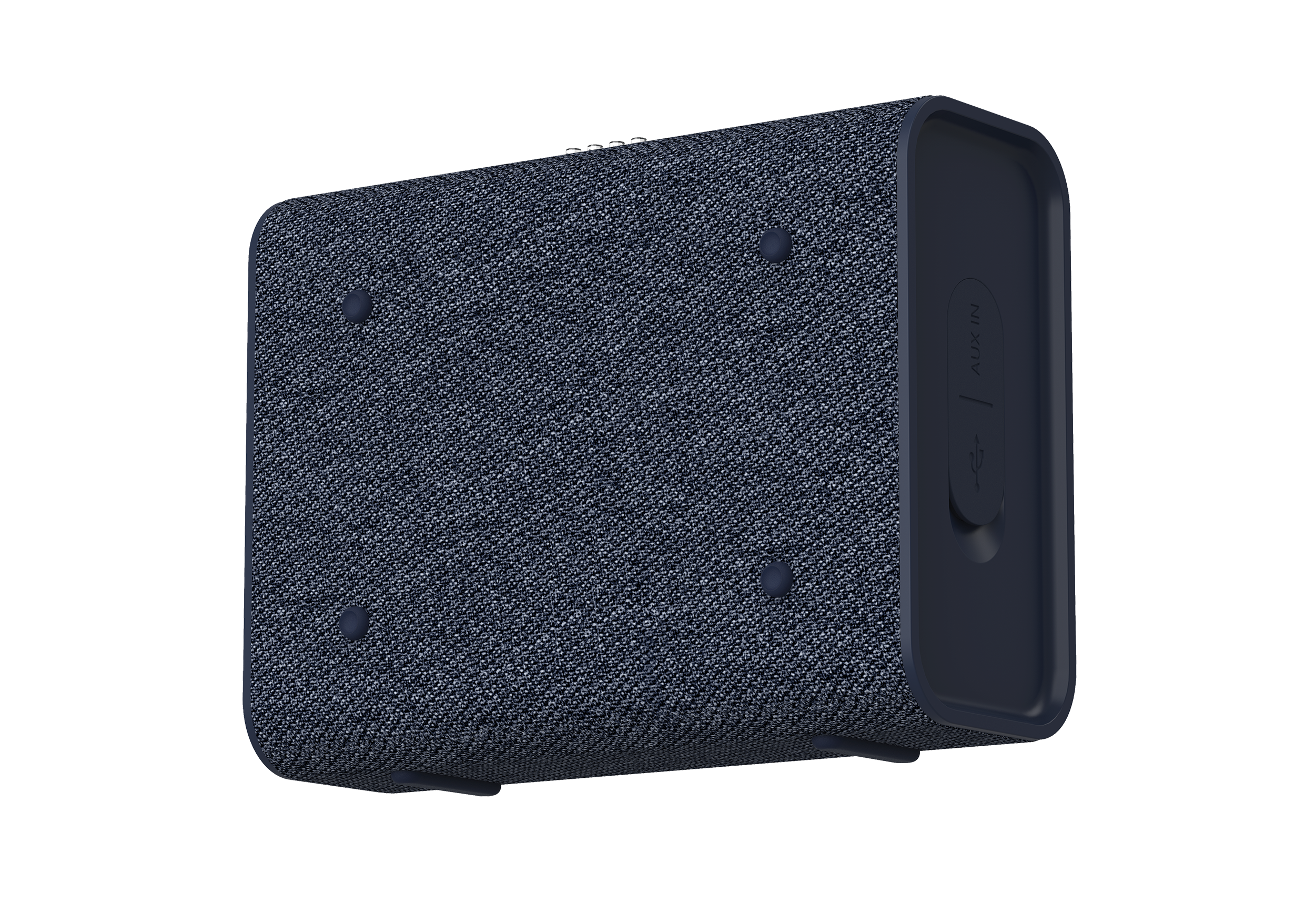 Görünür bağlantı noktaları ve siyah bir arka plan ile lacivert bir hoparlör.