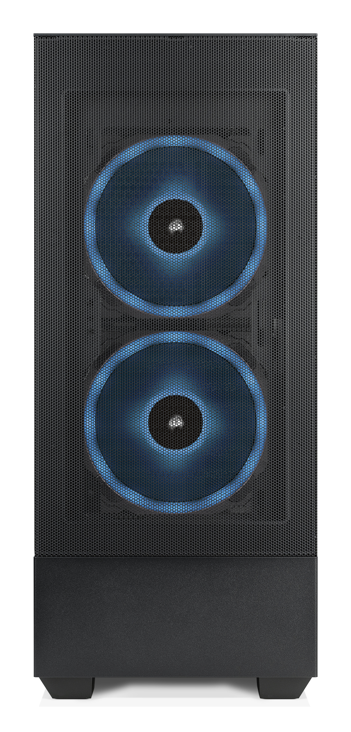 Ein schwarzes Computergehäuse mit zwei blau beleuchteten Lüftern vorne. Das Gehäuse hat ein Mesh-Design.