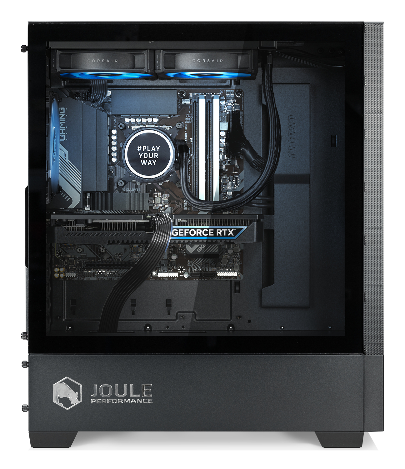 Geöffnetes PC-Gehäuse mit Komponenten; Grafikkarte, RAM, CPU-Kühler und Mainboard sind sichtbar.