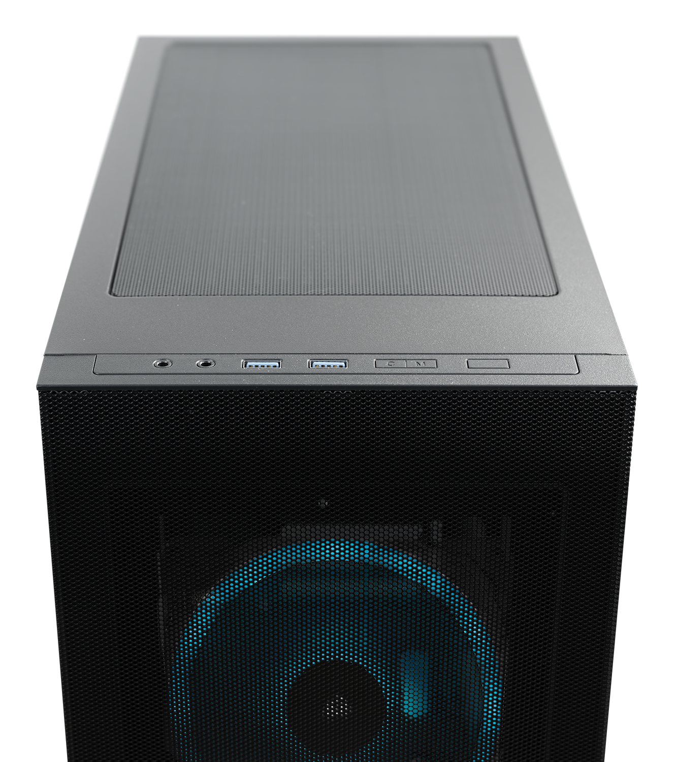 Ein schwarzes Computergehäuse. Die Vorderseite hat ein Gitter, die Oberseite Anschlüsse und Knöpfe. Blaues Licht innen.