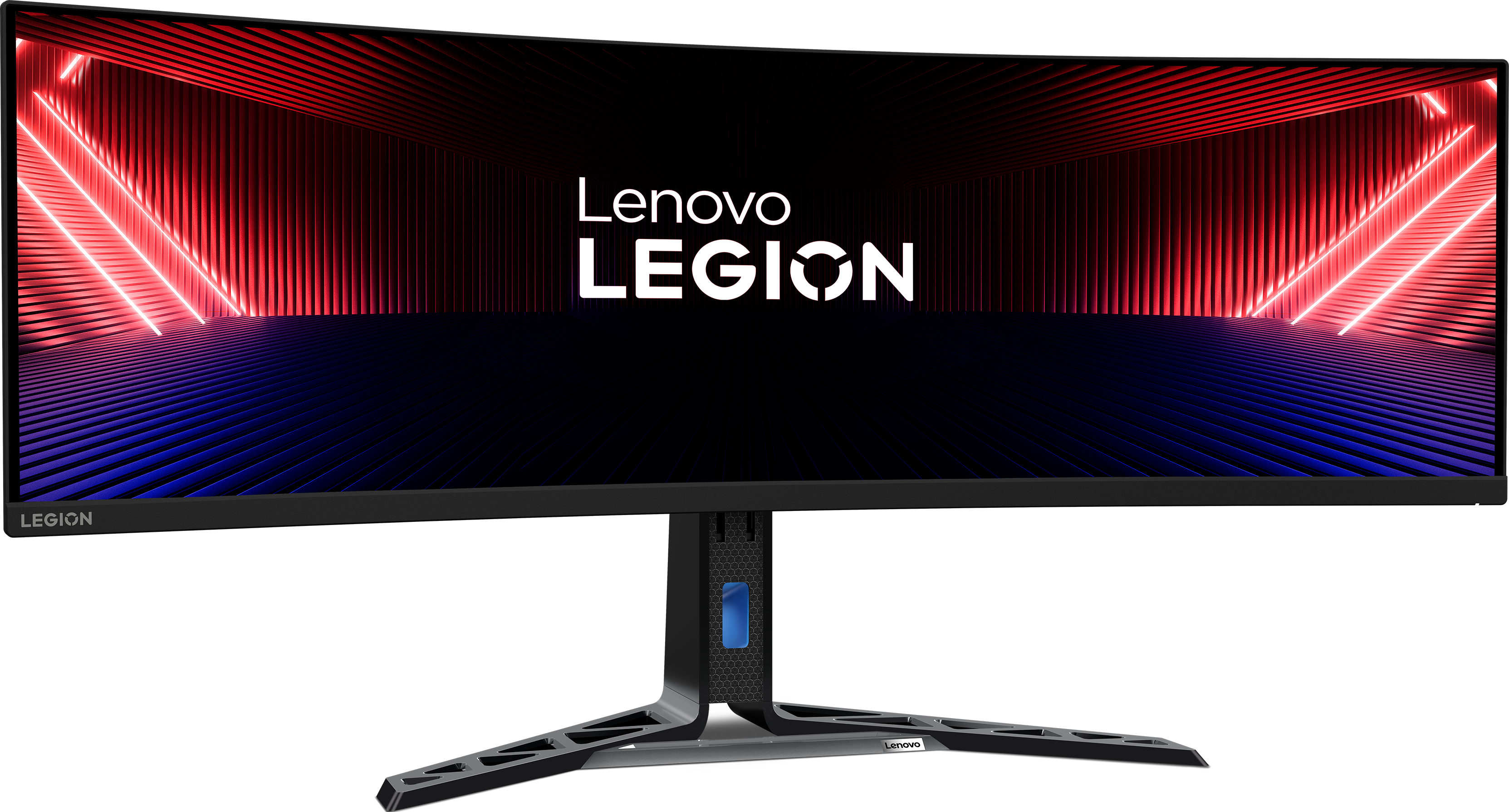 Gebogener Lenovo Legion Monitor mit rot und blau beleuchtetem Hintergrund.