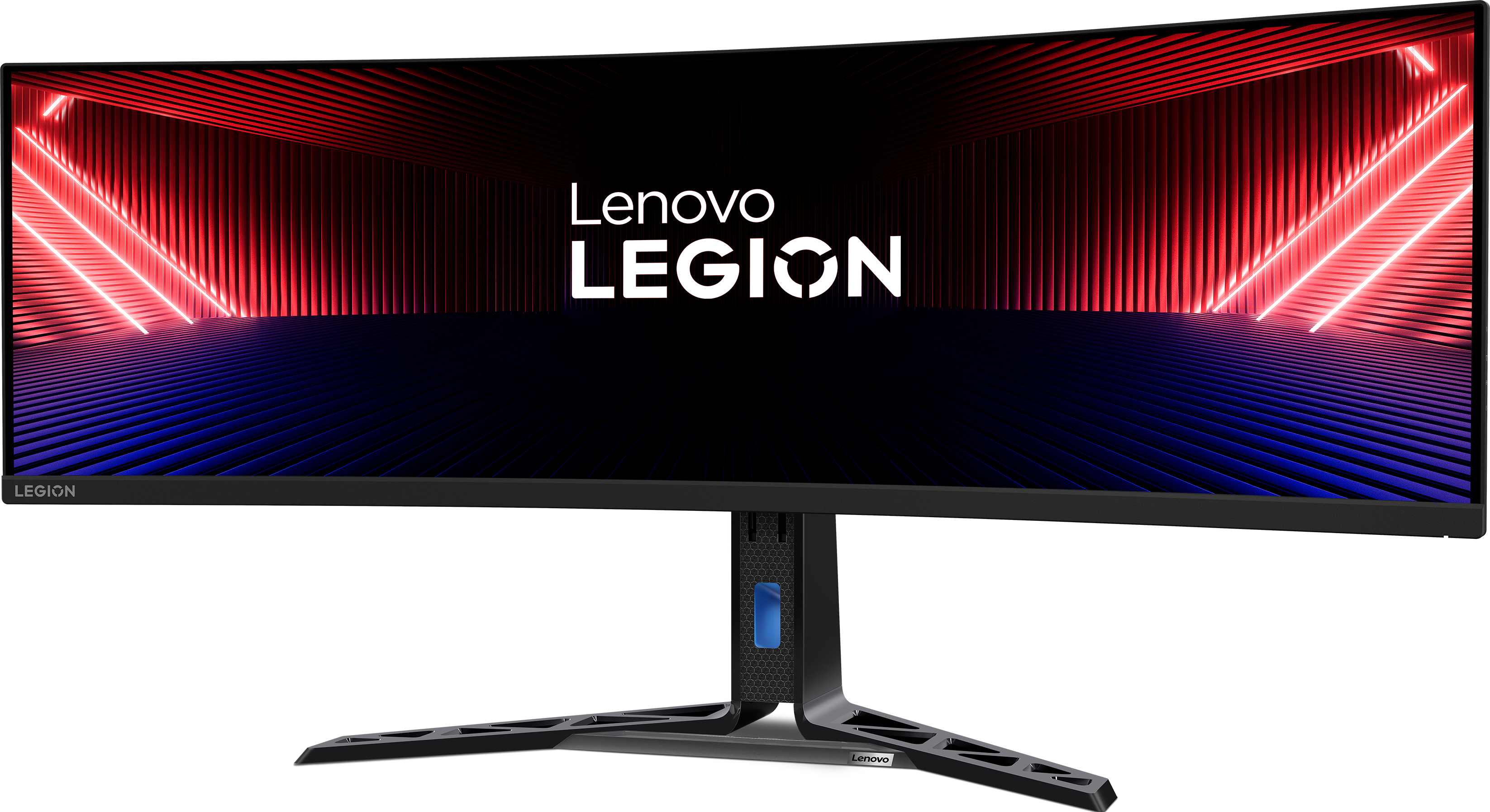 Ein breiter, gebogener Computermonitor mit Lenovo LEGION Logo auf schwarzem Ständer. Rotes und blaues Licht.