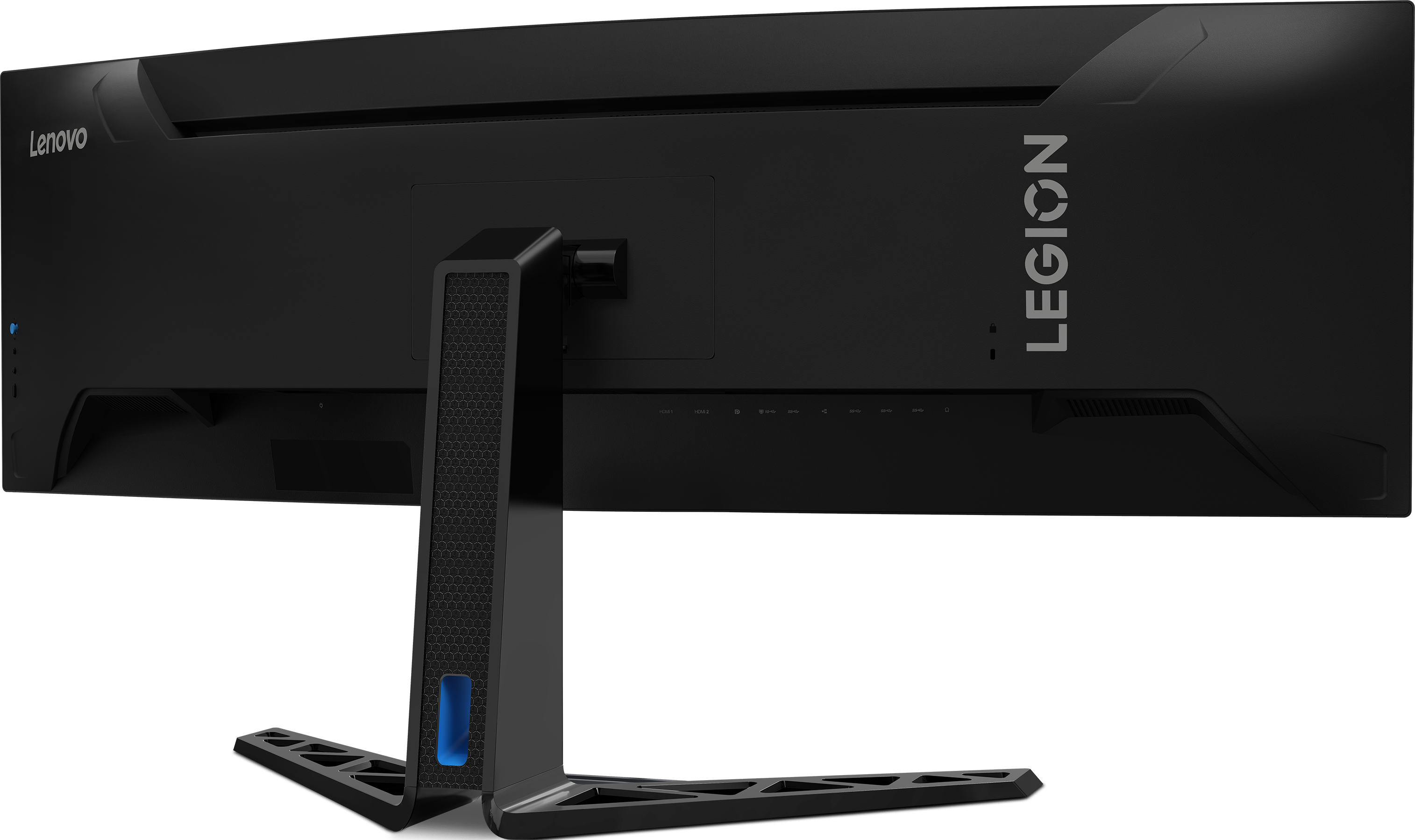 Schwarzer Lenovo Legion Monitor, Rückansicht. Zeigt Anschlüsse und Ständer, Legion-Logo sichtbar.