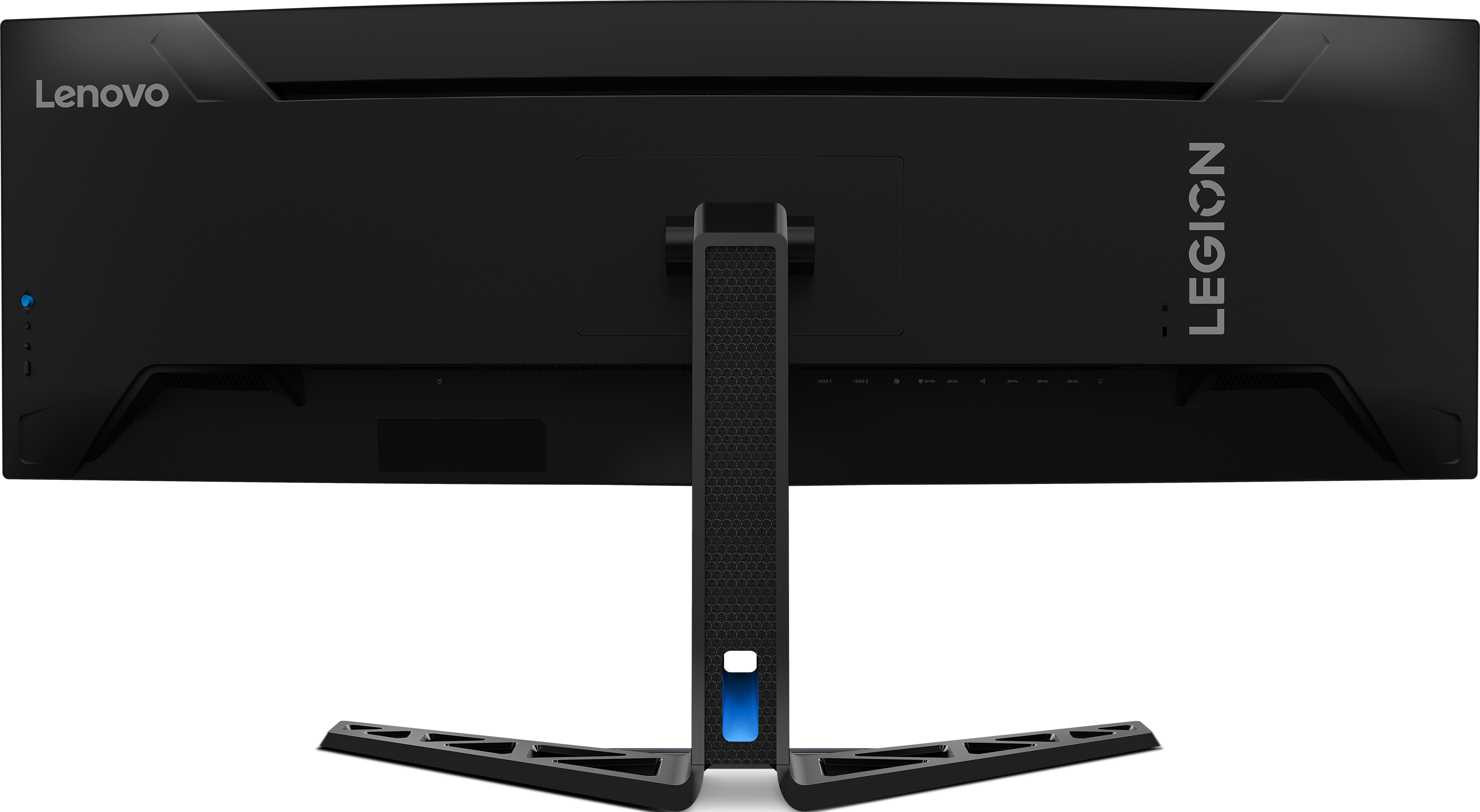 Rückansicht eines schwarzen Lenovo Legion Monitors. Er hat einen Ständer, Anschlüsse und das Legion-Logo.