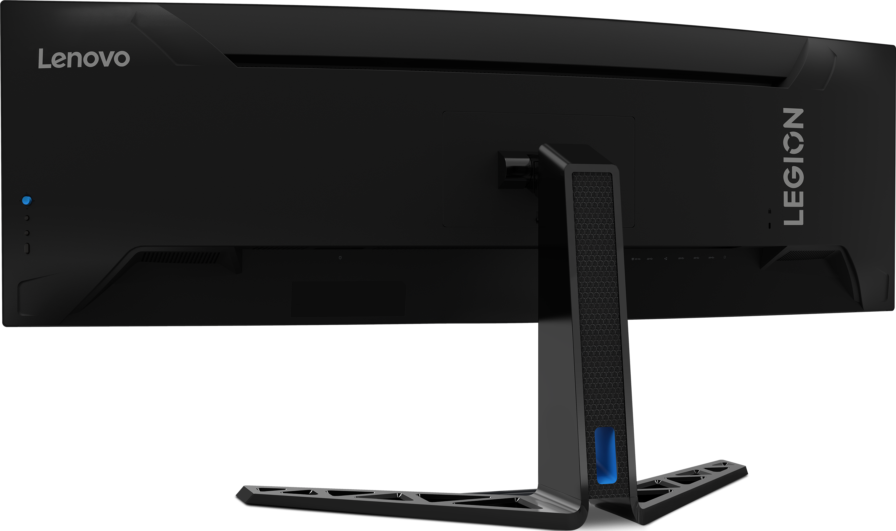 Monitor Rückansicht. Schwarz mit Legion-Logo. Weißer Hintergrund.