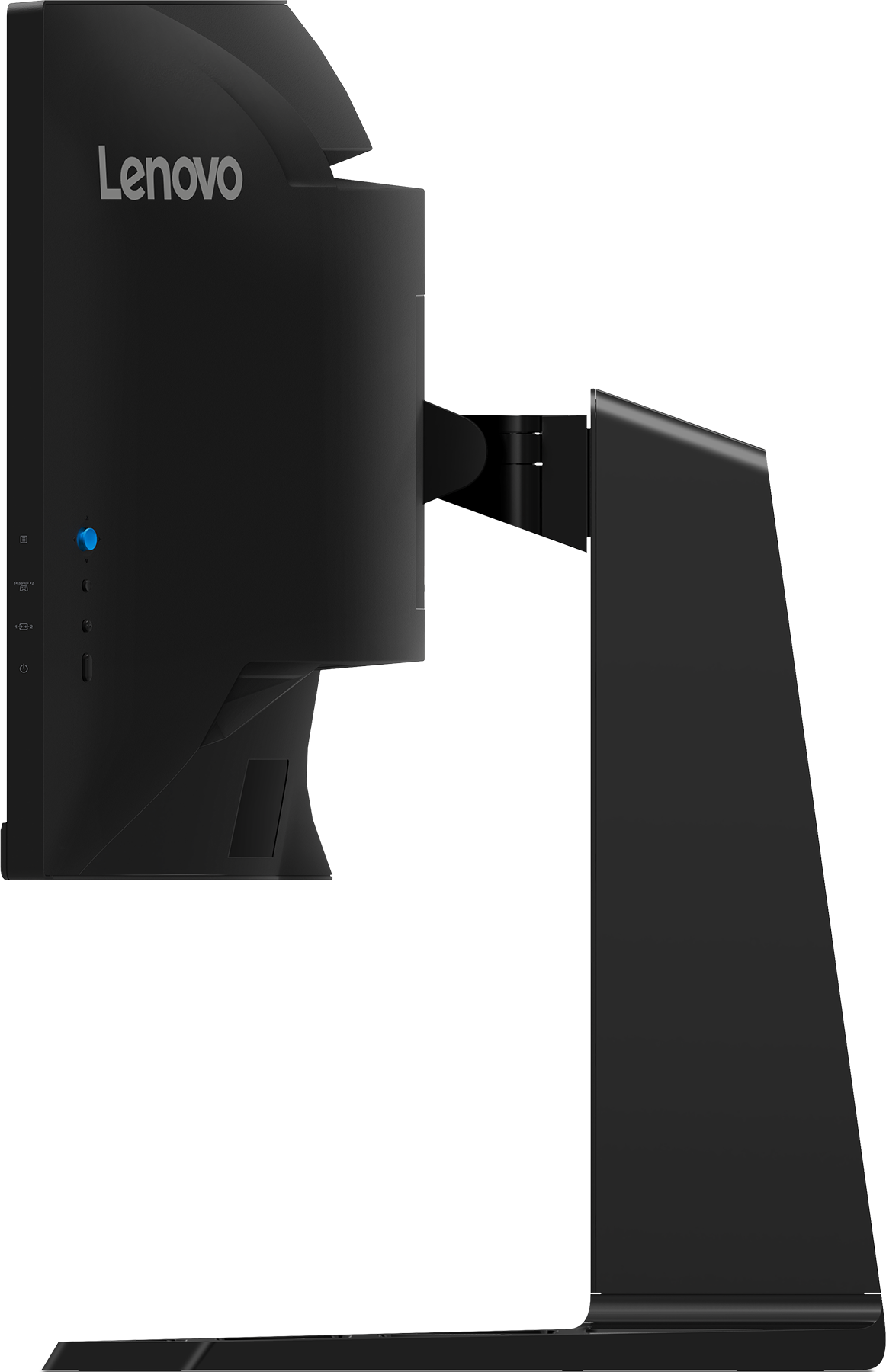 Ein schwarzer Computermonitor von der Seite. Der Monitor hat ein Lenovo-Logo.