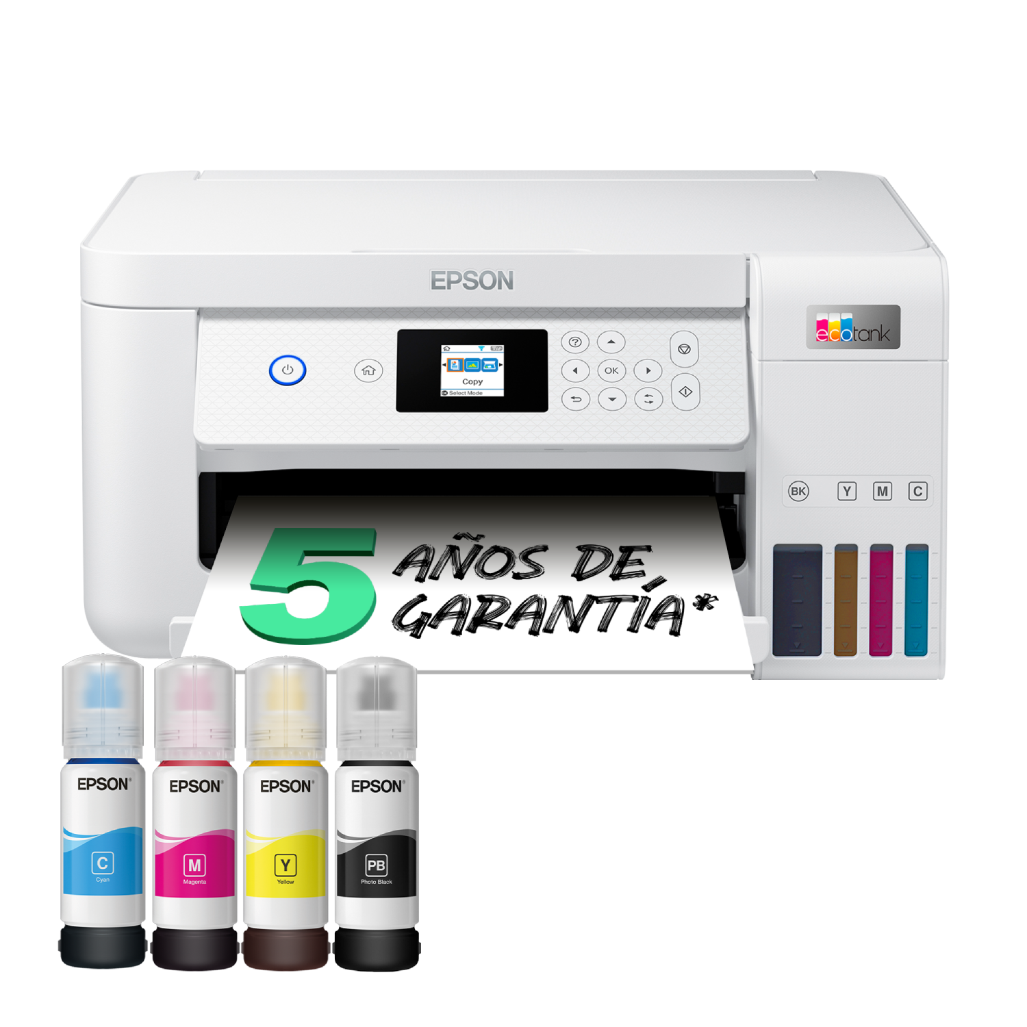 Impresora Epson con botellas de tinta y señal de garantía.