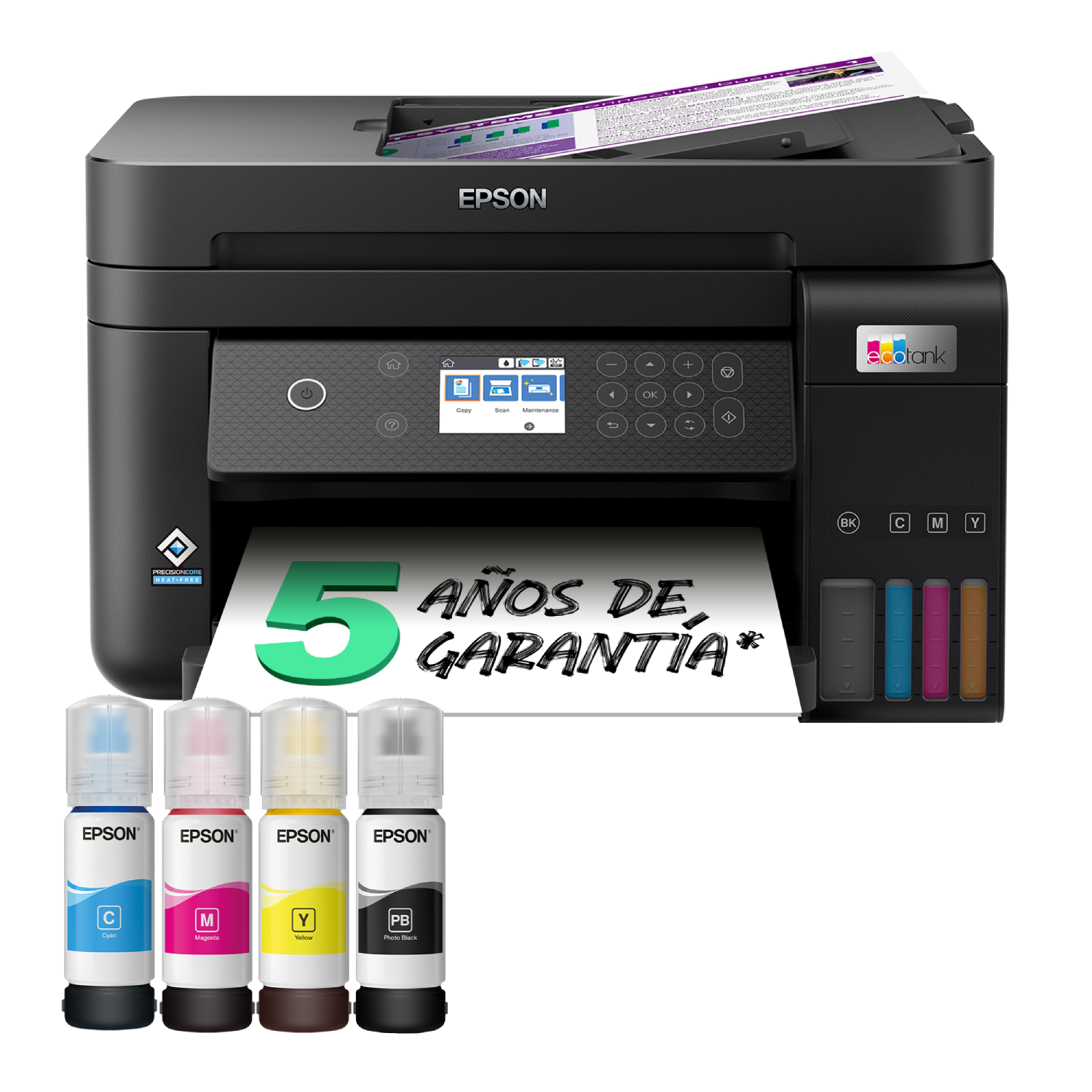 Impresora Epson negra con botellas de tinta, información de garantía y documento de papel sobre fondo blanco.