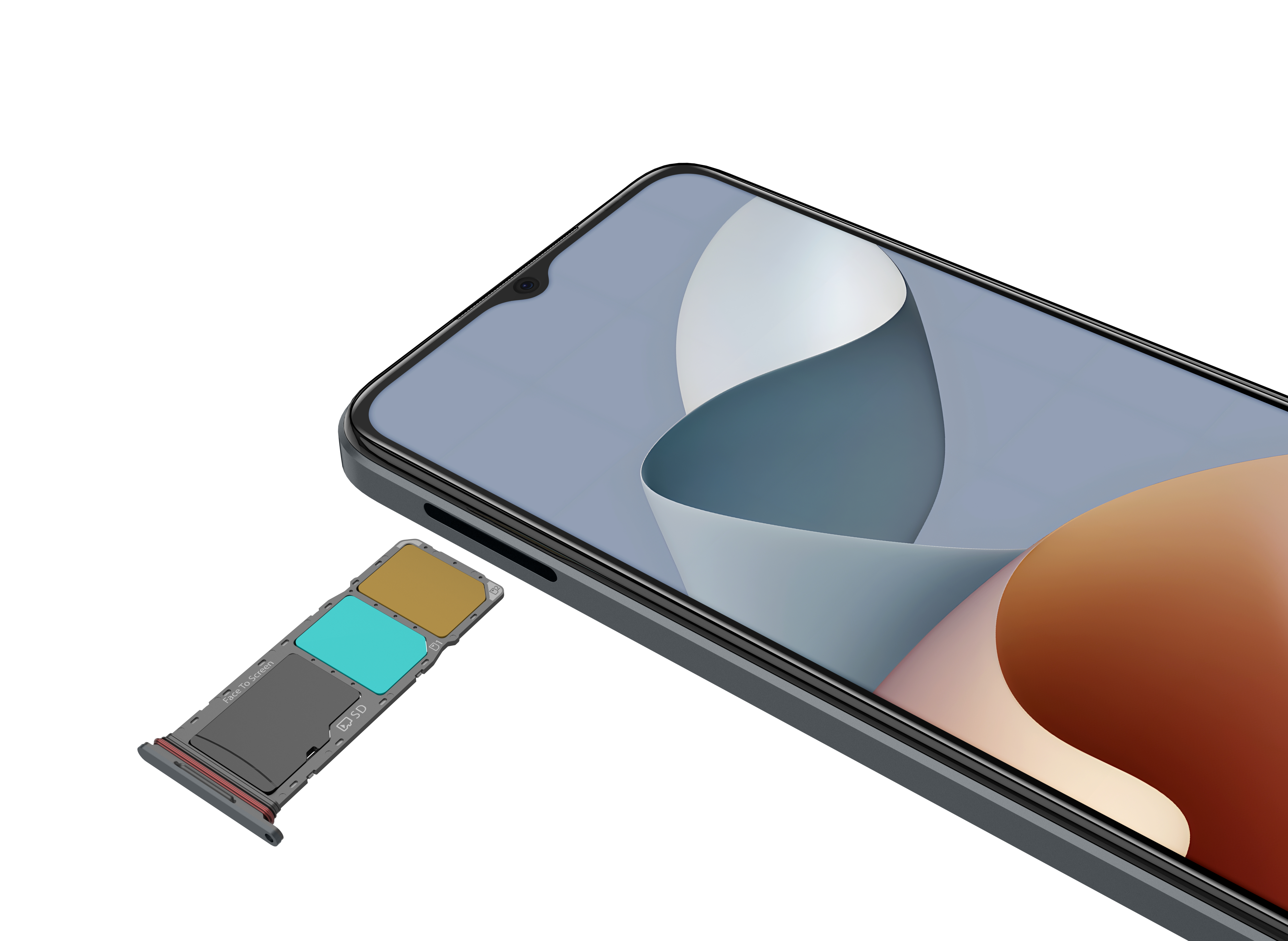 Nahaufnahme eines Telefons mit SIM-Kartenfach. Der Bildschirm ist hellblau.