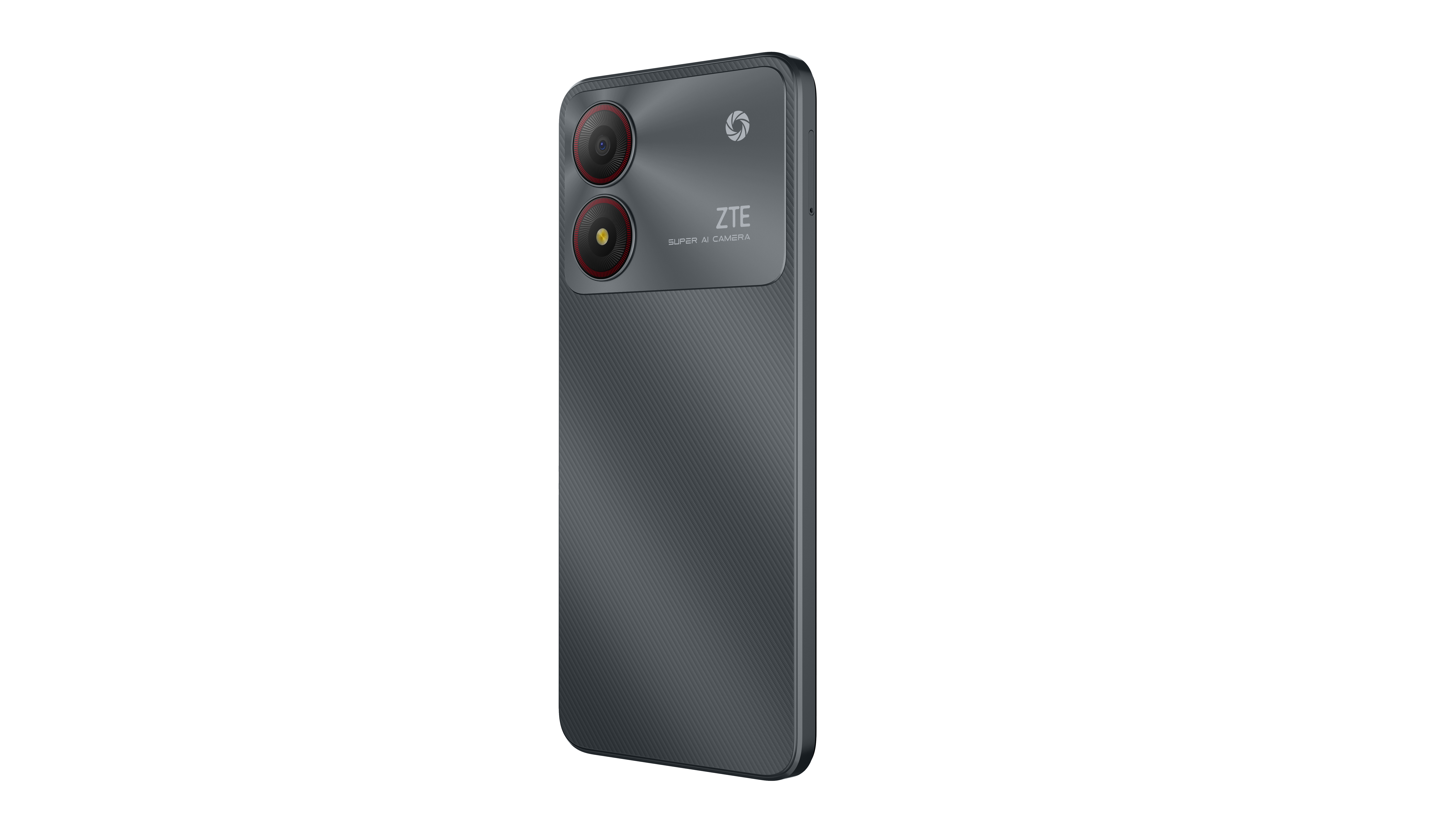 Ein graues ZTE-Telefon mit zwei rot umrandeten Kameras auf strukturierter Oberfläche.