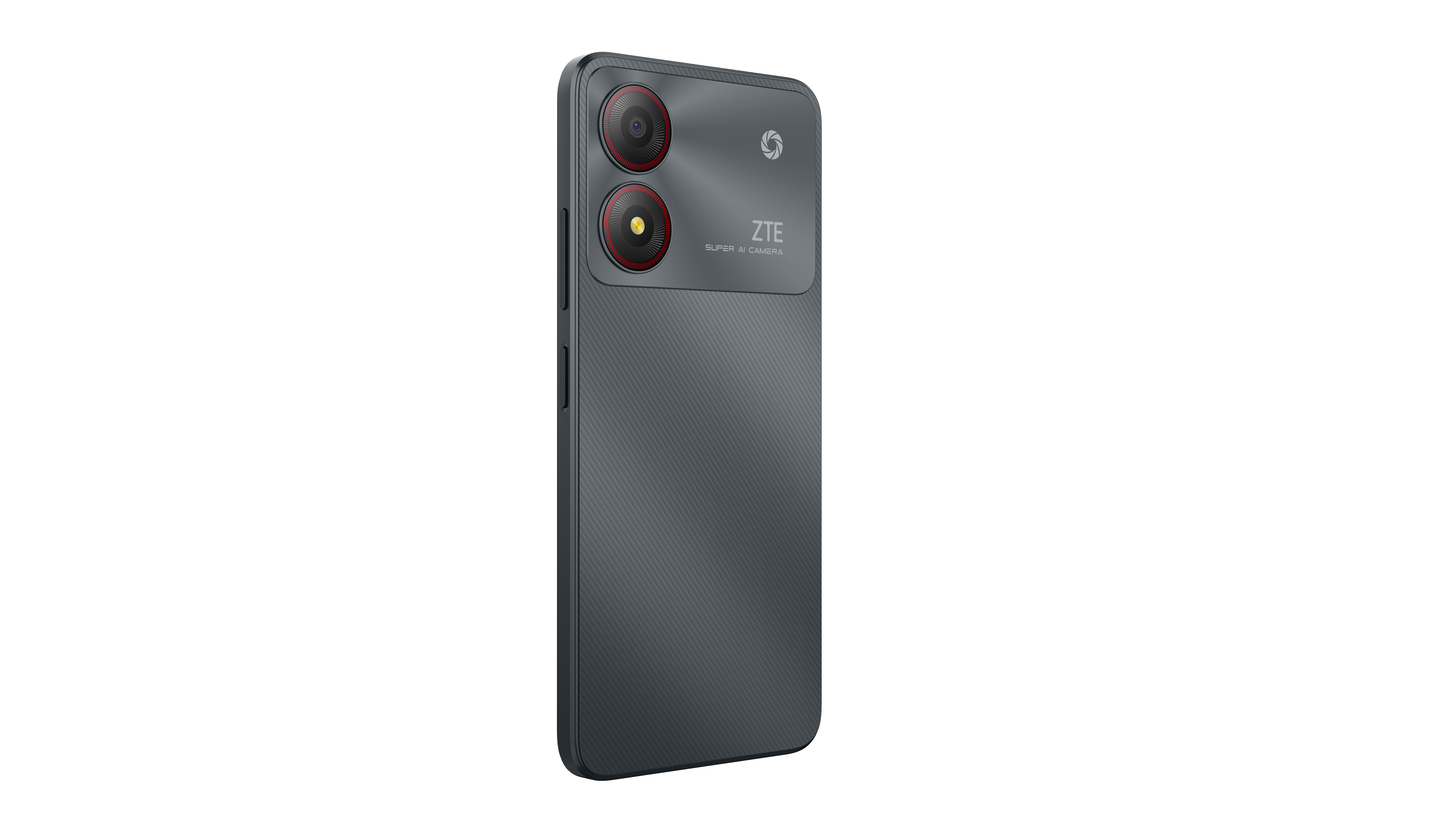 ZTE-Telefon, dunkelgrau, mit zwei Kameras auf der Rückseite und dem ZTE-Logo.