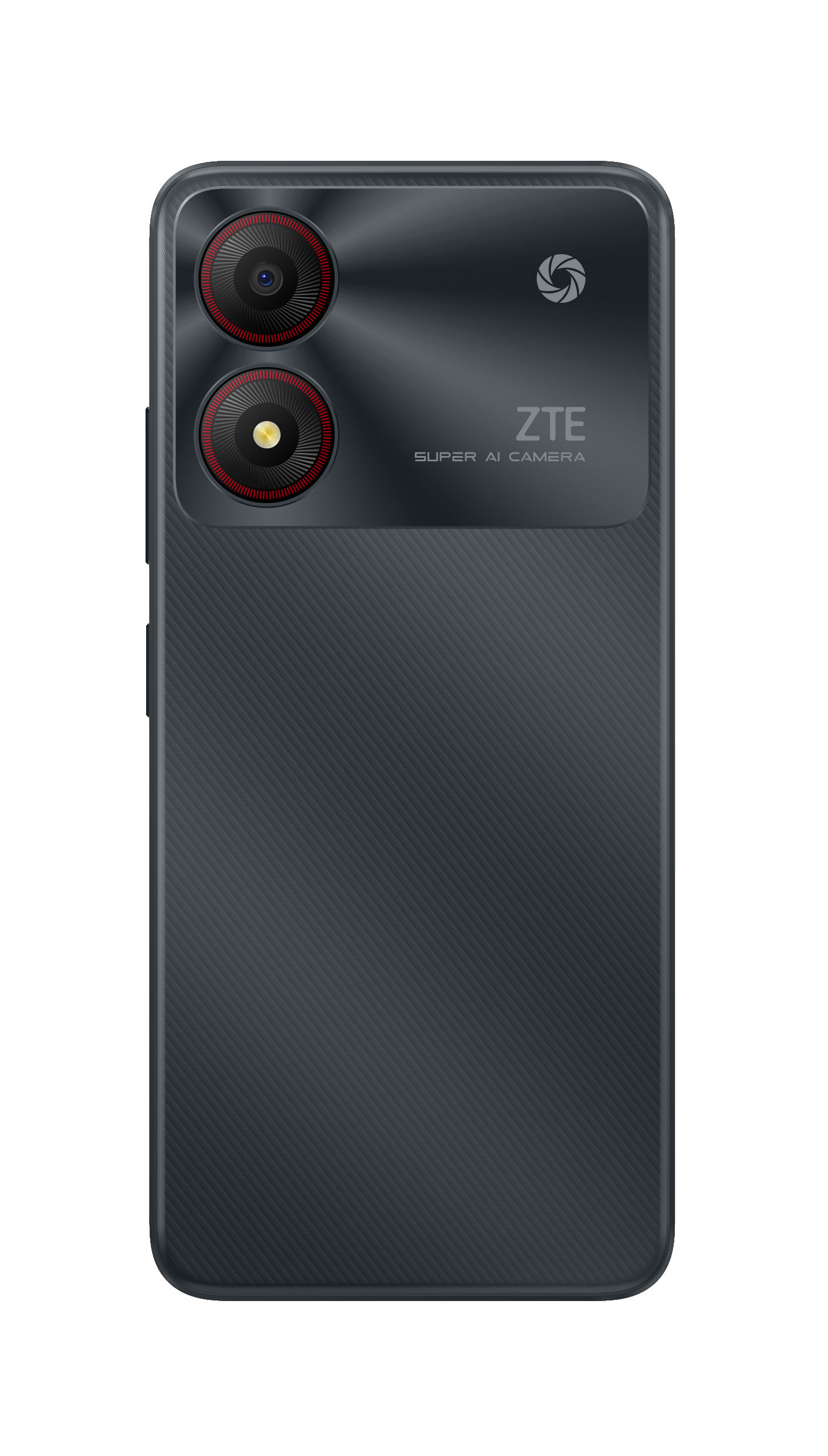Rückseite eines schwarzen ZTE-Smartphones mit Dual-Kamera und strukturierter Rückseite, auf Weiß.