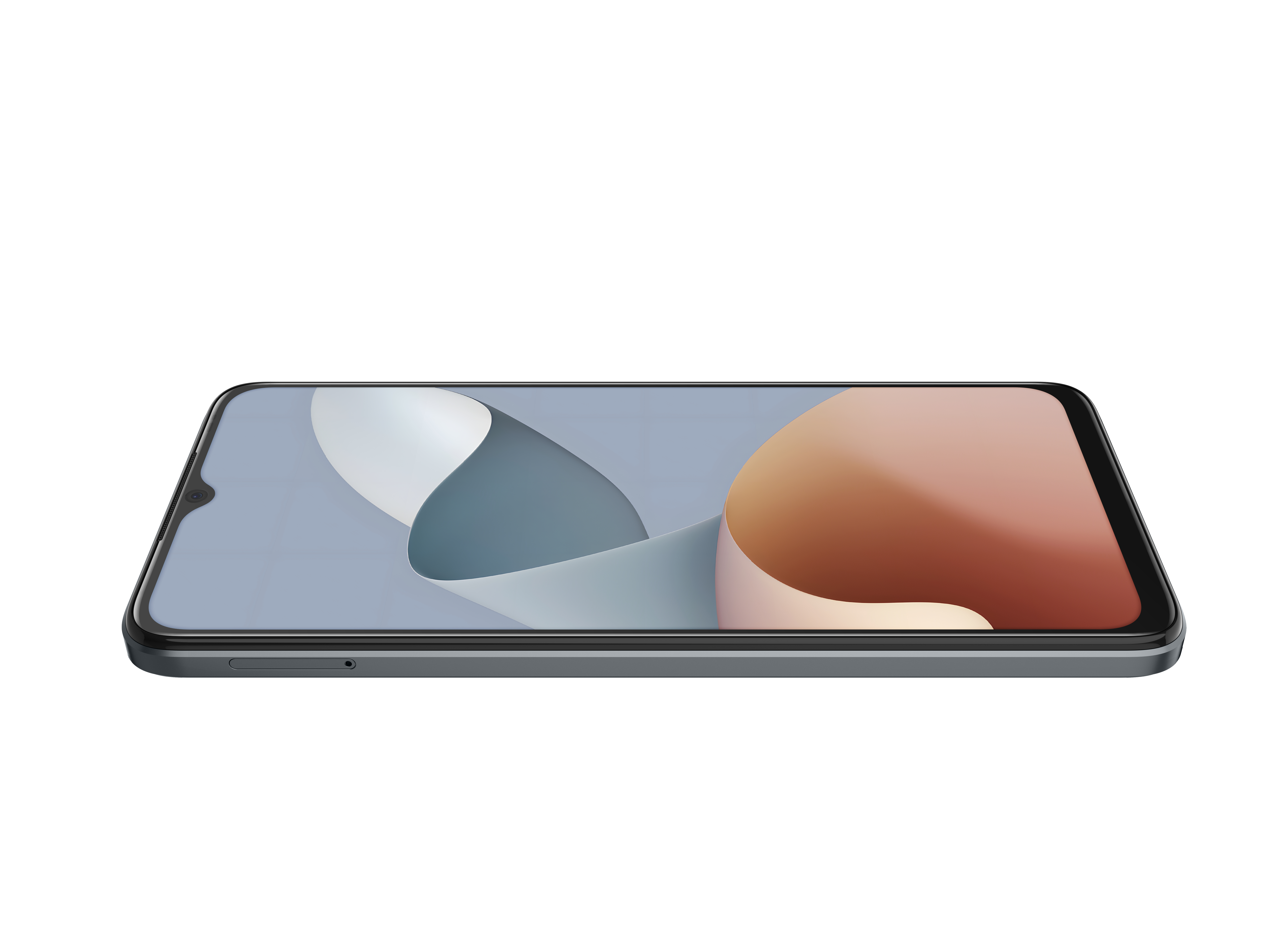Schwarzes Smartphone, horizontal dargestellt, zeigt ein blaues und braunes abstraktes Muster auf dem Bildschirm.