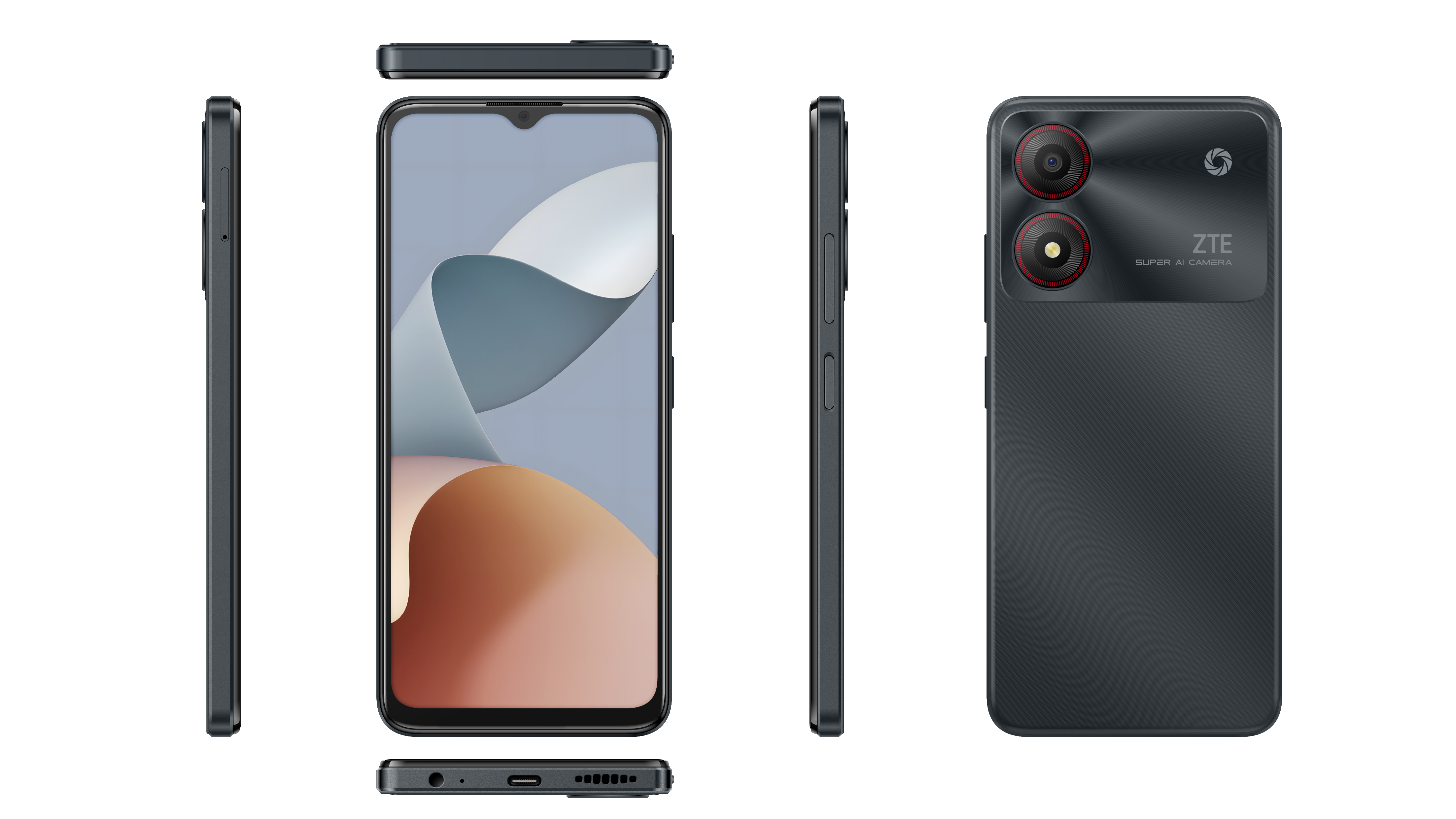 Ein schwarzes Smartphone, mehrere Ansichten. Die Rückseite hat zwei Kameras und 'ZTE'-Branding.