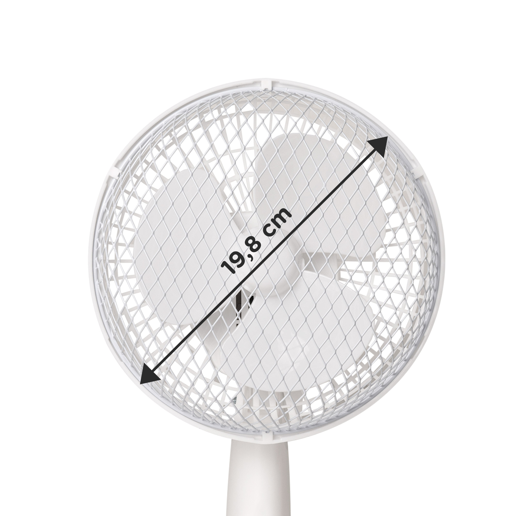 Biały wentylator z klatką ochronną i strzałką wskazującą średnicę.