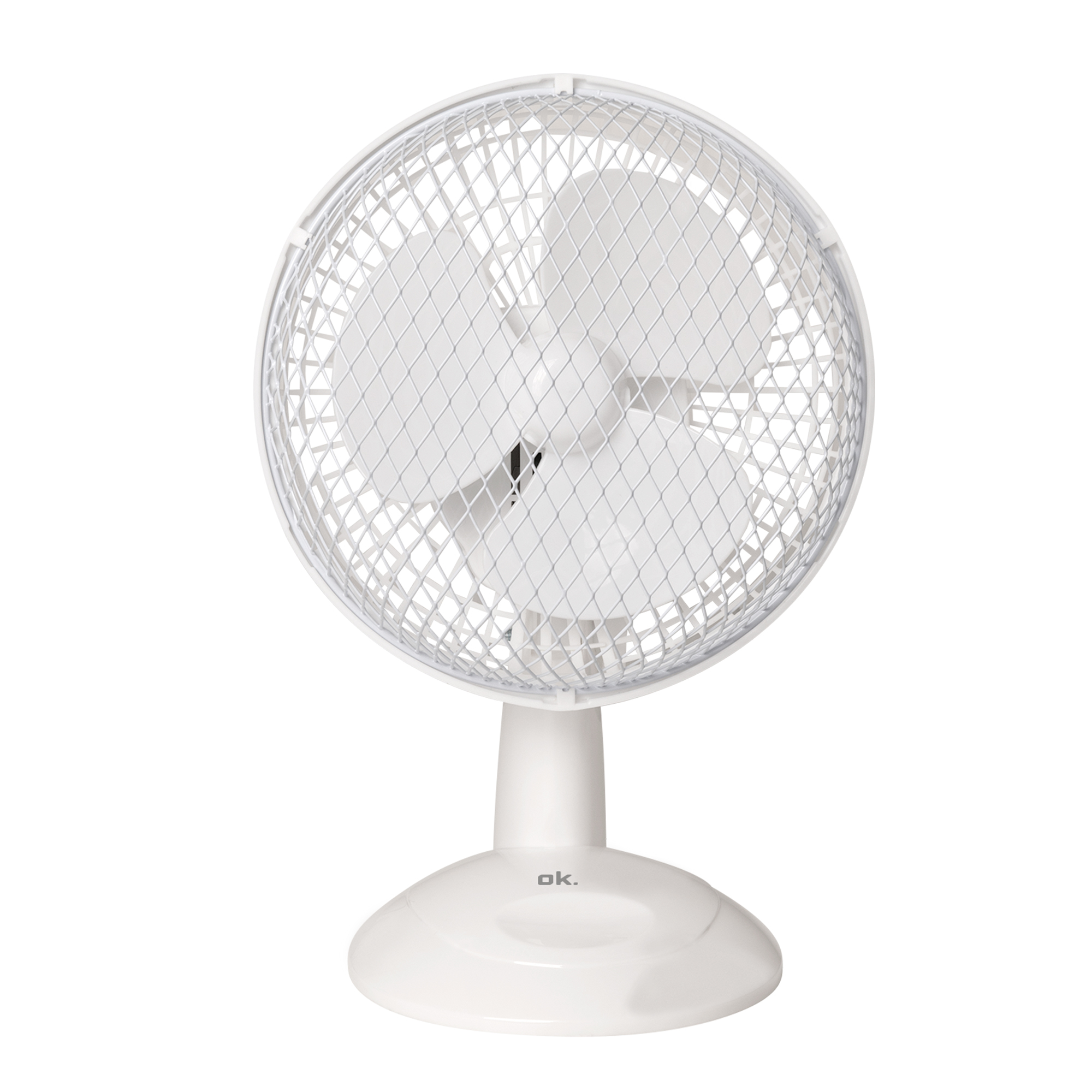 Biały wentylator biurkowy z ochronną obudową.
