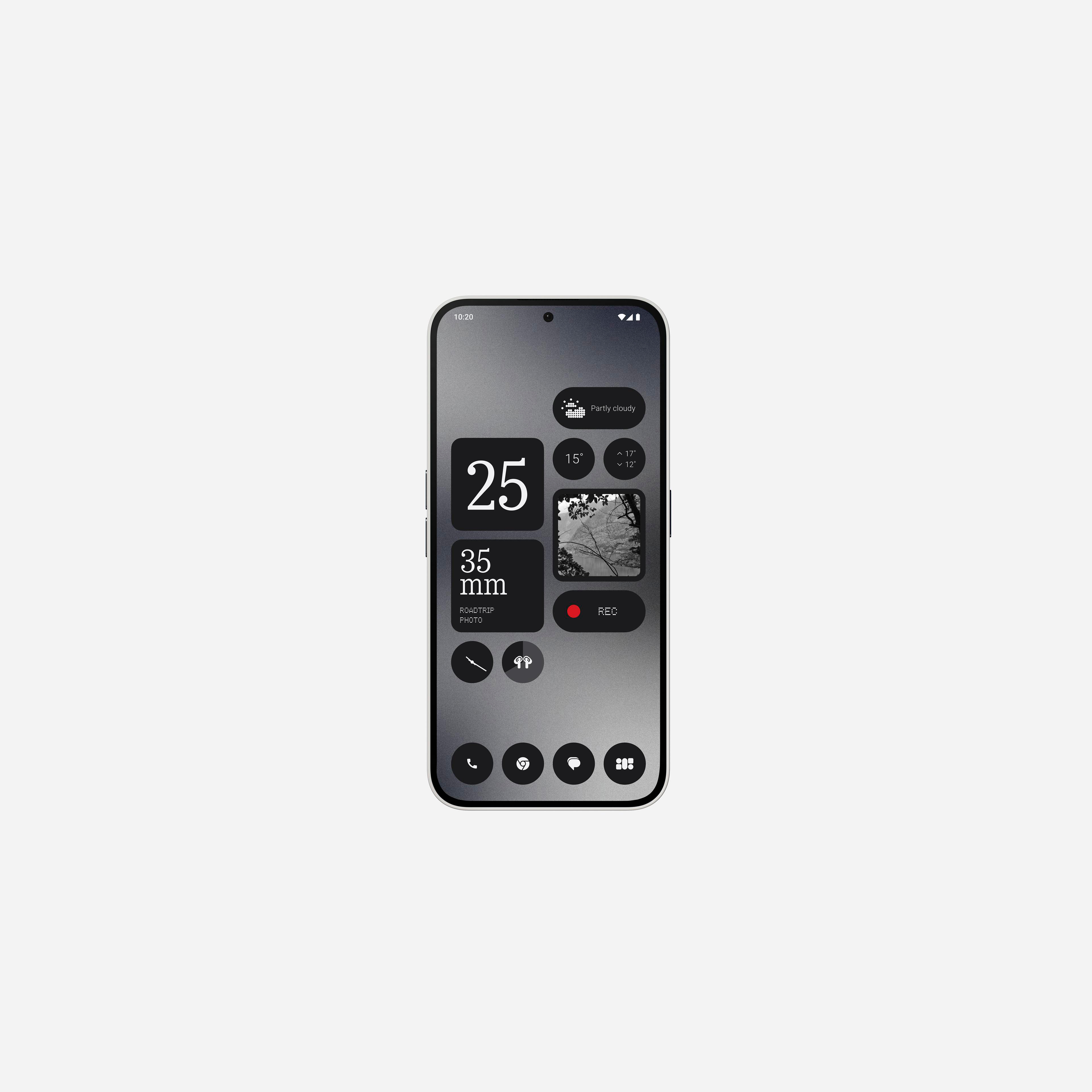 Ein Smartphone-Bildschirm zeigt ein Wetter-Widget und die Uhrzeit in Graustufen.
