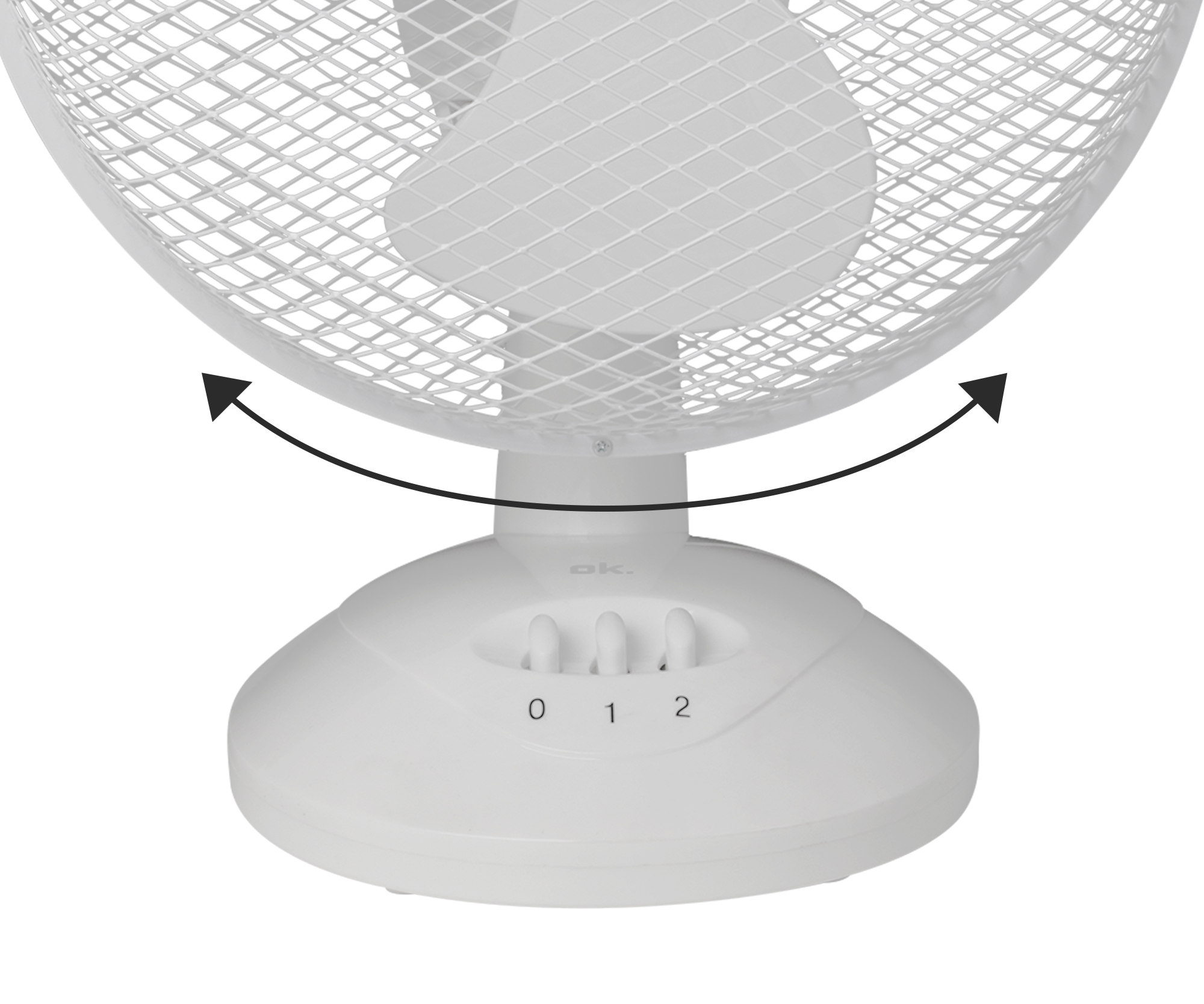 Biały wentylator biurkowy z ustawieniami prędkości 0, 1 i 2, ze strzałkami oscylującymi.