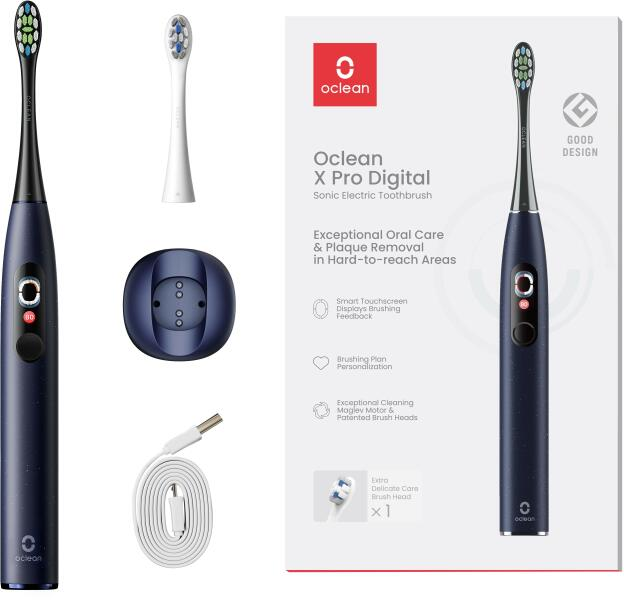 Spazzolino da denti Oclean X Pro Digital con accessori. Include spazzolino, supporto, testina extra e cavo di ricarica.