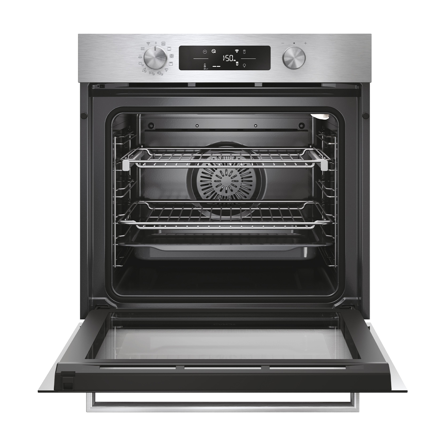 Forno in acciaio inossidabile aperto con griglie interne e controlli visibili.