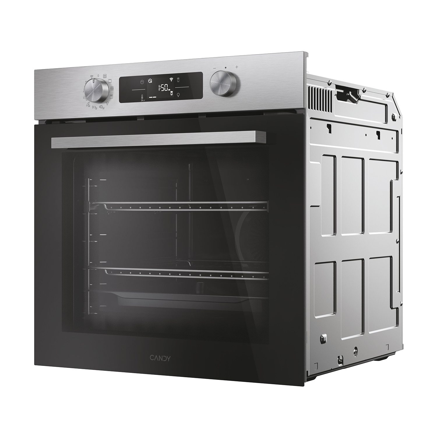 Un forno con porta in vetro nero e finiture in acciaio inossidabile. Il lato aperto mostra l'interno.