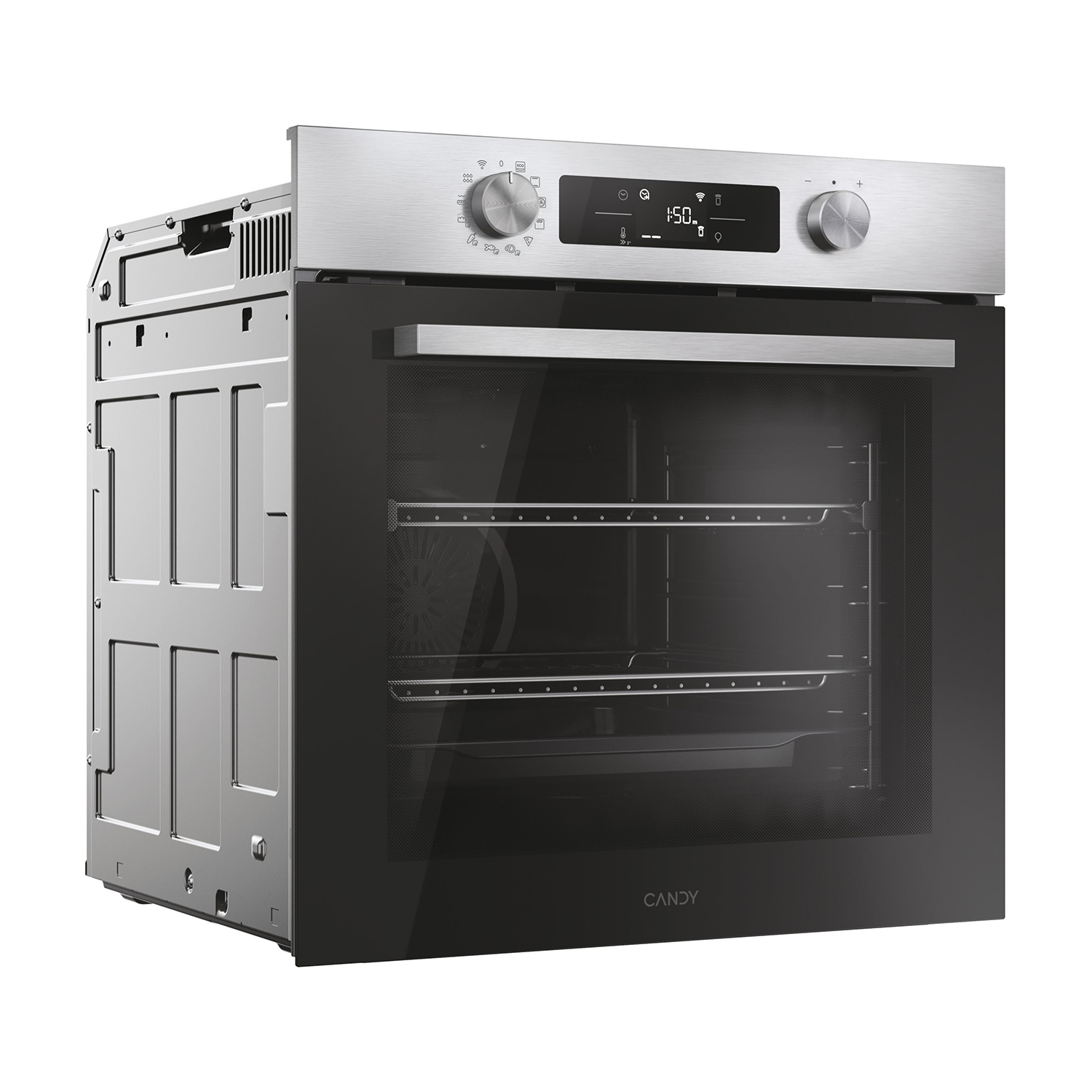 Viene mostrato un forno Candy. È argento e nero con display digitale.