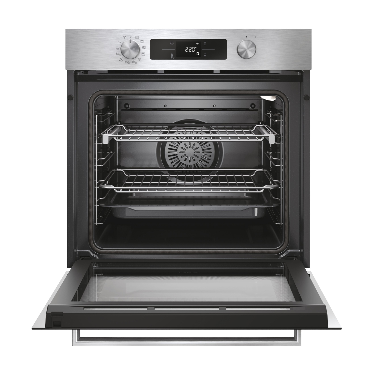 Un forno aperto in acciaio inossidabile, con una griglia e una ventola visibili all'interno, su sfondo bianco.