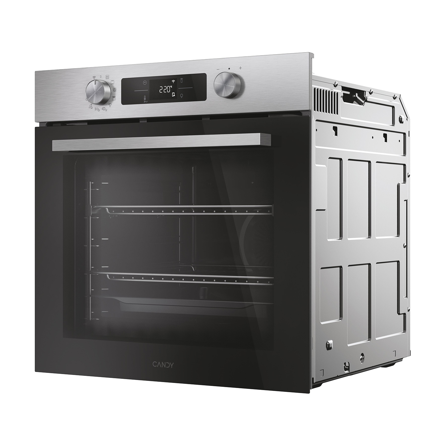 Un forno Candy con la porta aperta. Il forno ha una parte superiore in acciaio inossidabile con comandi.