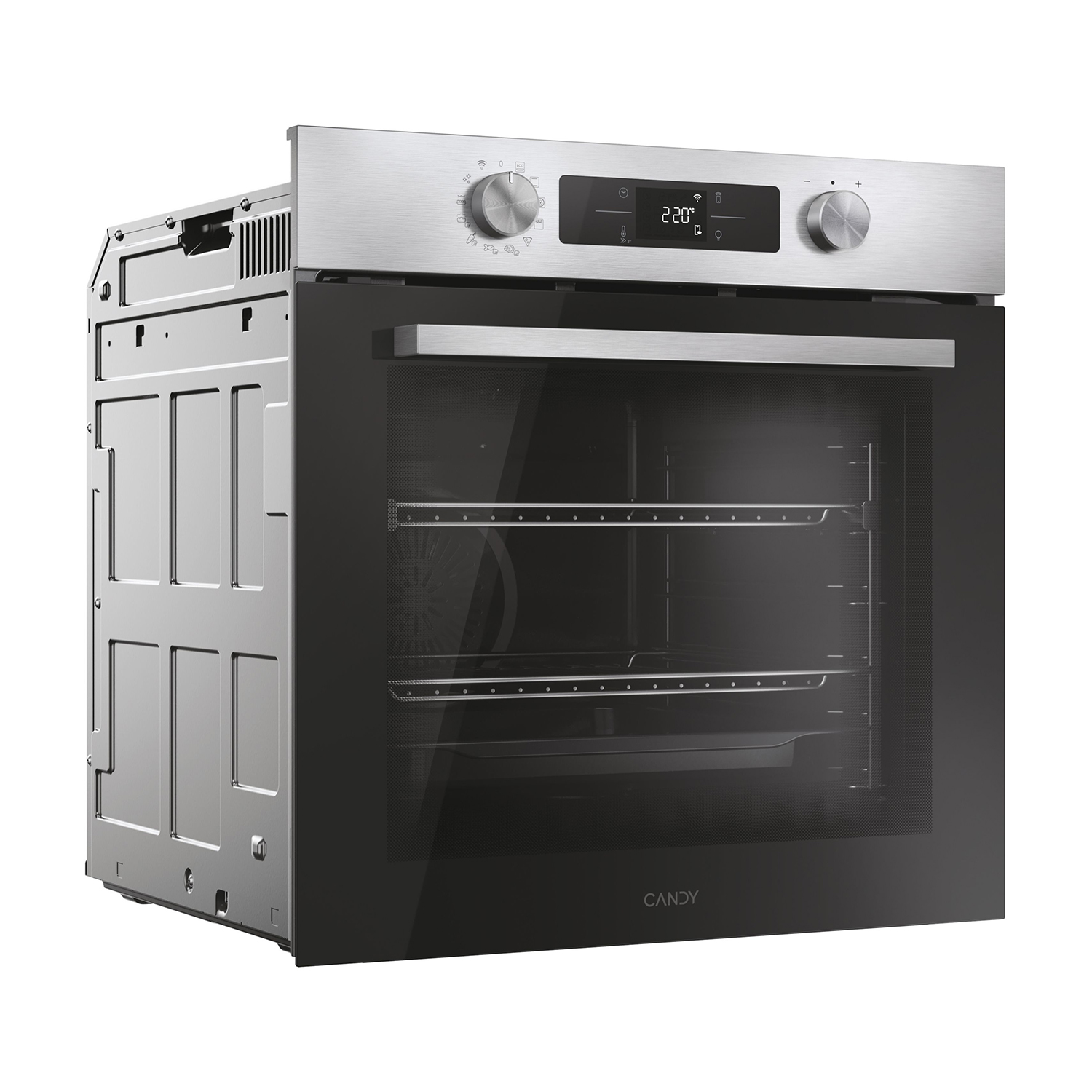 Forno in acciaio inossidabile con porta in vetro nero. Manopole e un display digitale sono sulla parte superiore.