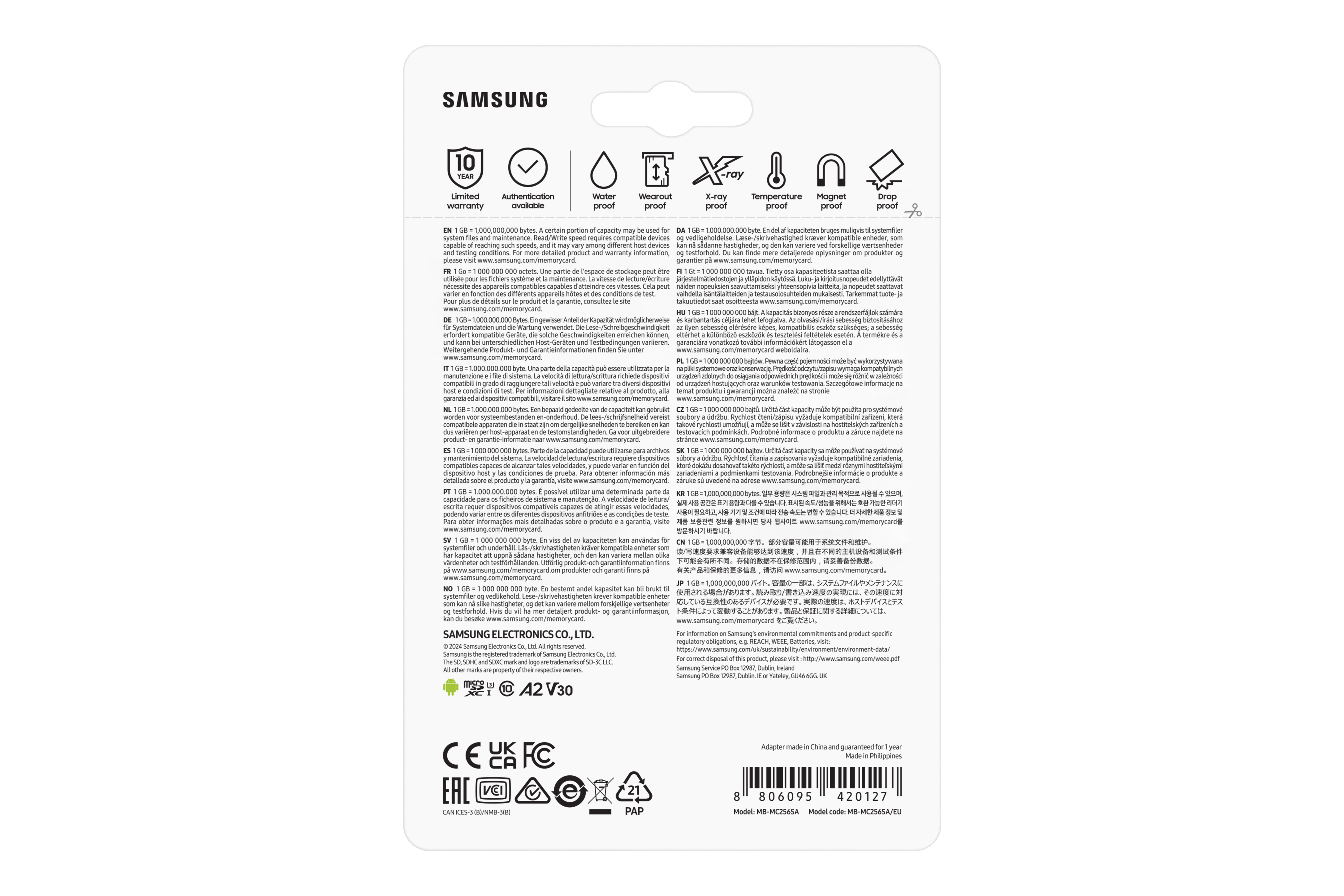 Dos d'un emballage de carte SD Samsung, texte multilingue et diverses icônes.