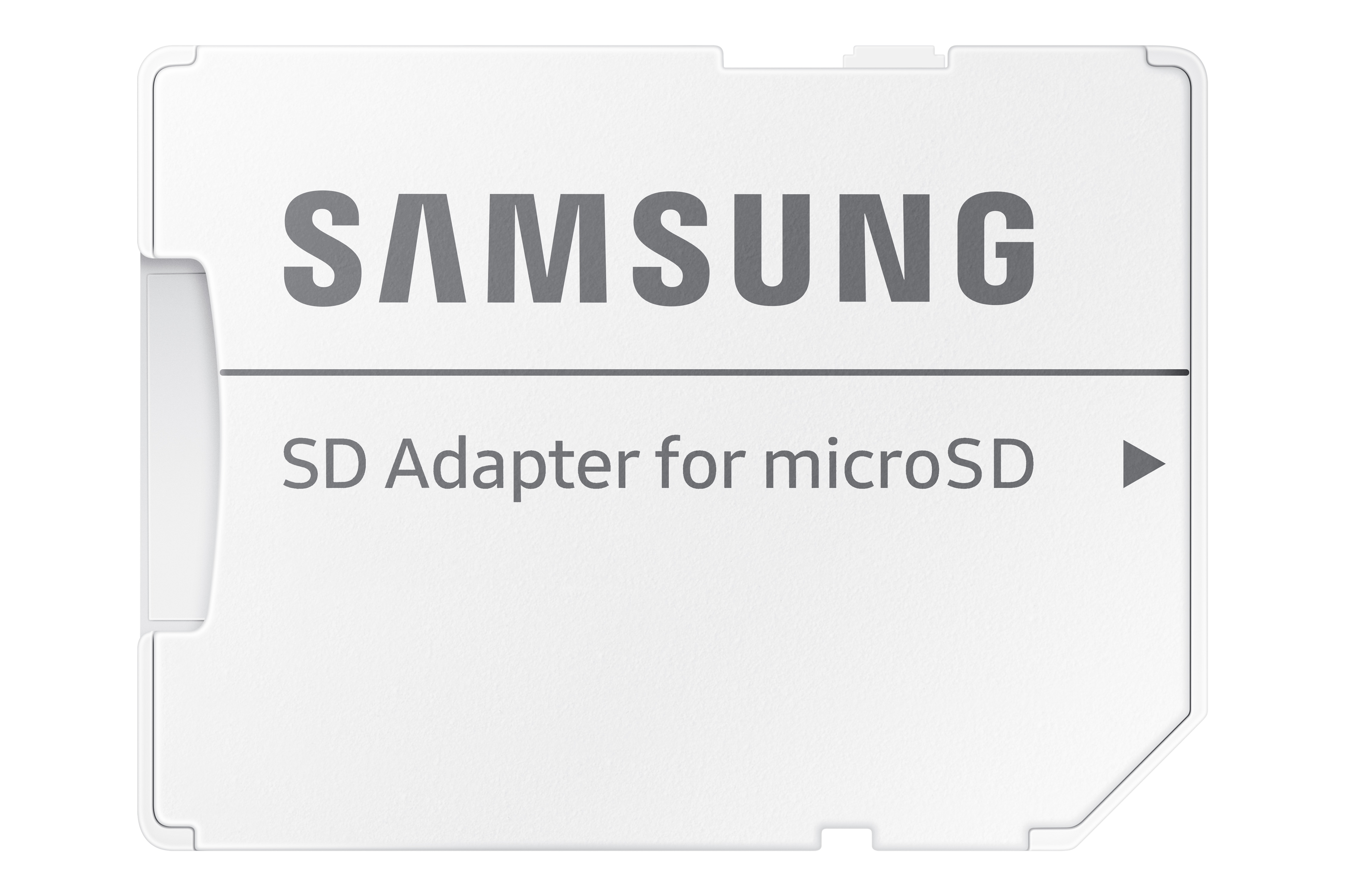 White Samsung SD adapter for microSD card with text. White background.