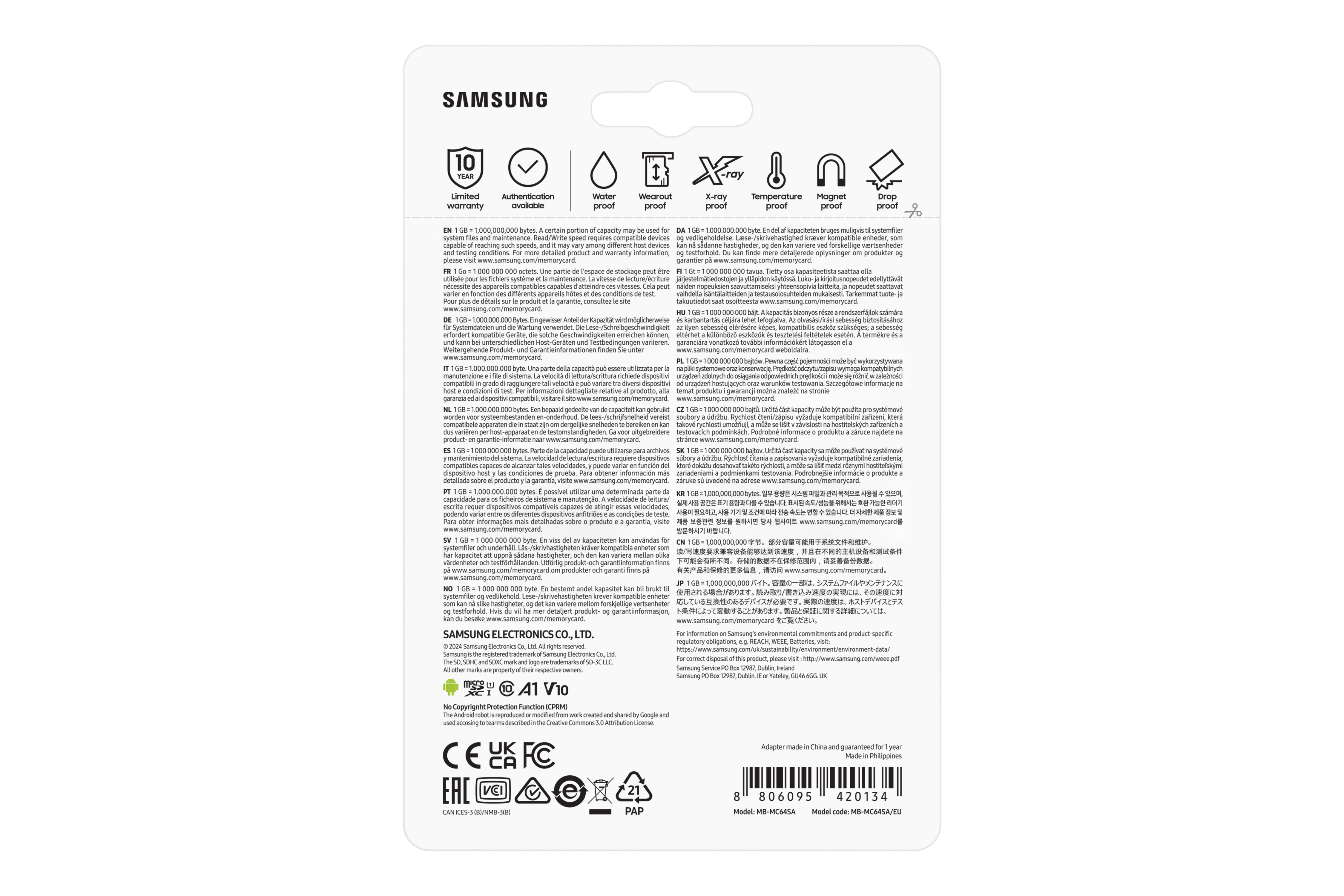 Back of a product packaging with text in multiple languages, including warranty information.