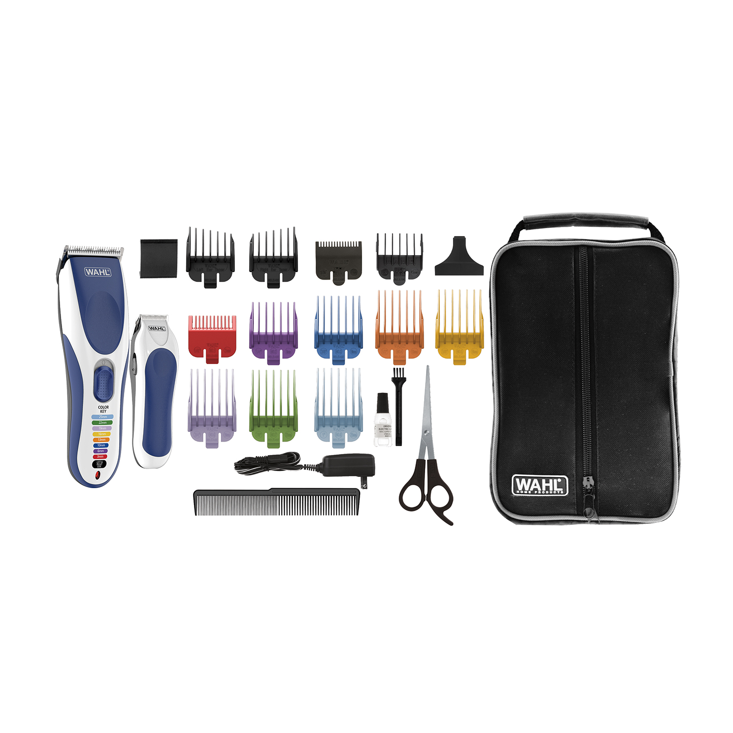 Kit tagliacapelli Wahl con vari accessori, forbici e una borsa portaoggetti.
