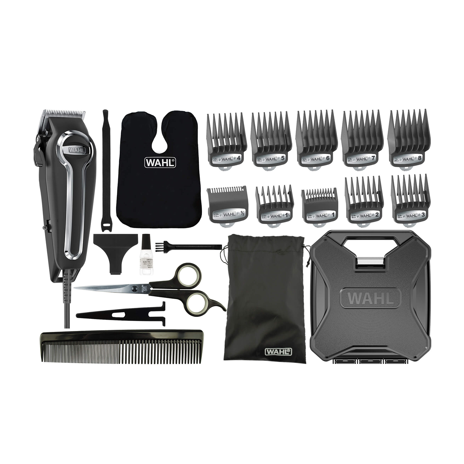Un kit di toelettatura con tosatrice, pettini, forbici e accessori.