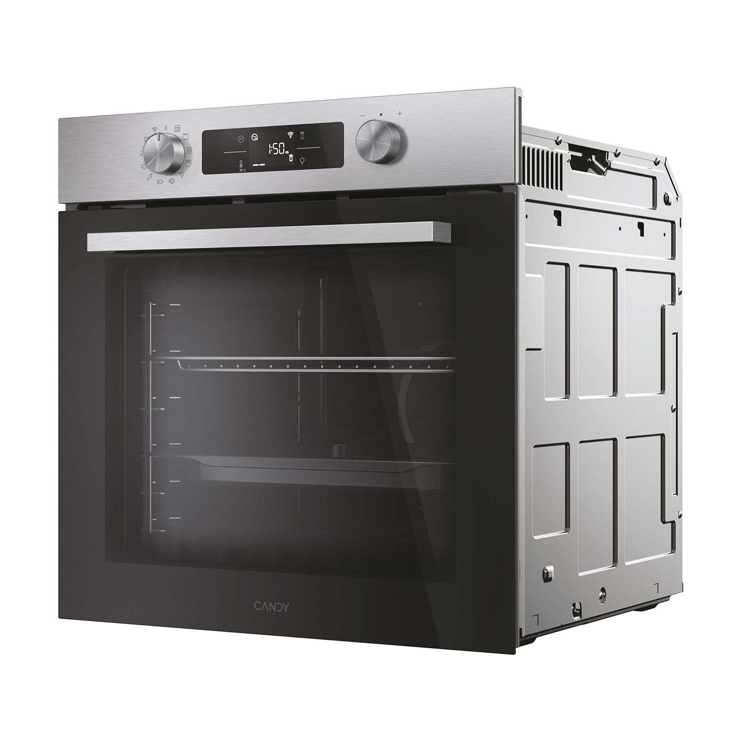 Forno in acciaio inox con porta in vetro, comandi argentati e pannello.