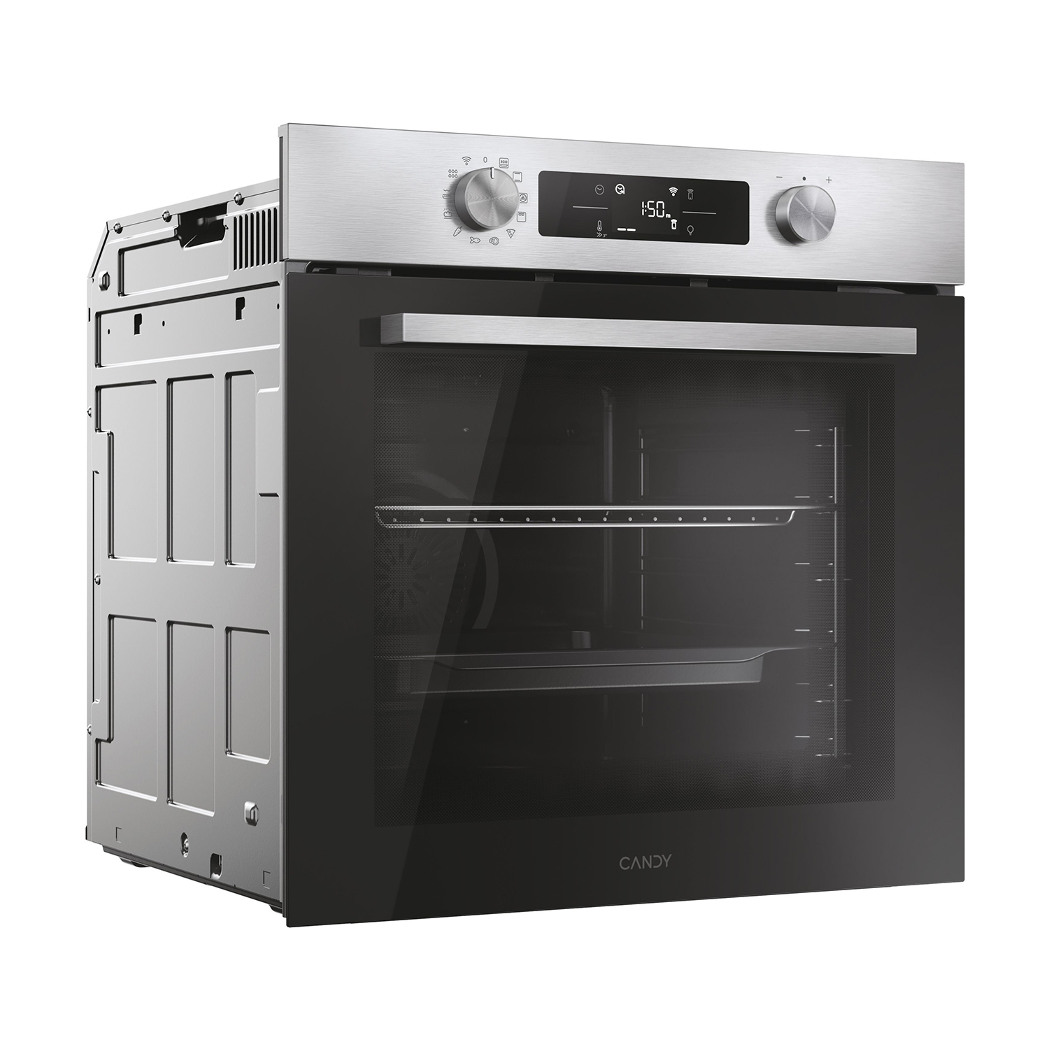 Un forno, piano in acciaio inossidabile, porta in vetro nero, con manopole e display frontale.