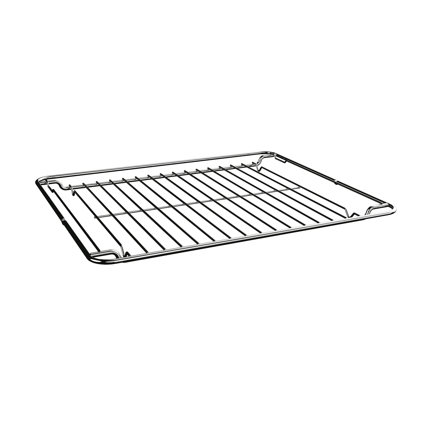 Una griglia da forno cromata con barre parallele. La griglia è su una superficie bianca.