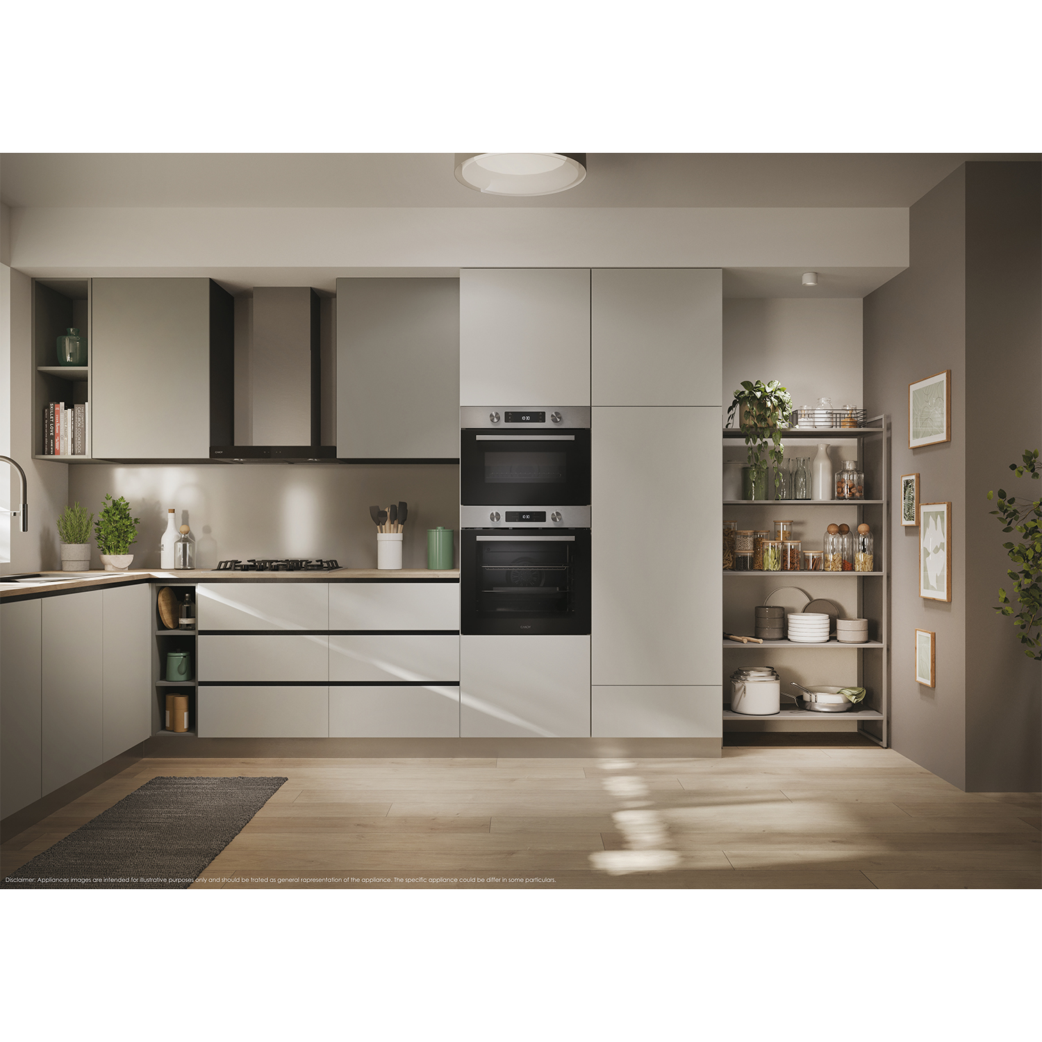 Una cucina moderna con mobili grigio chiaro, elettrodomestici in acciaio inossidabile e pavimenti in legno.