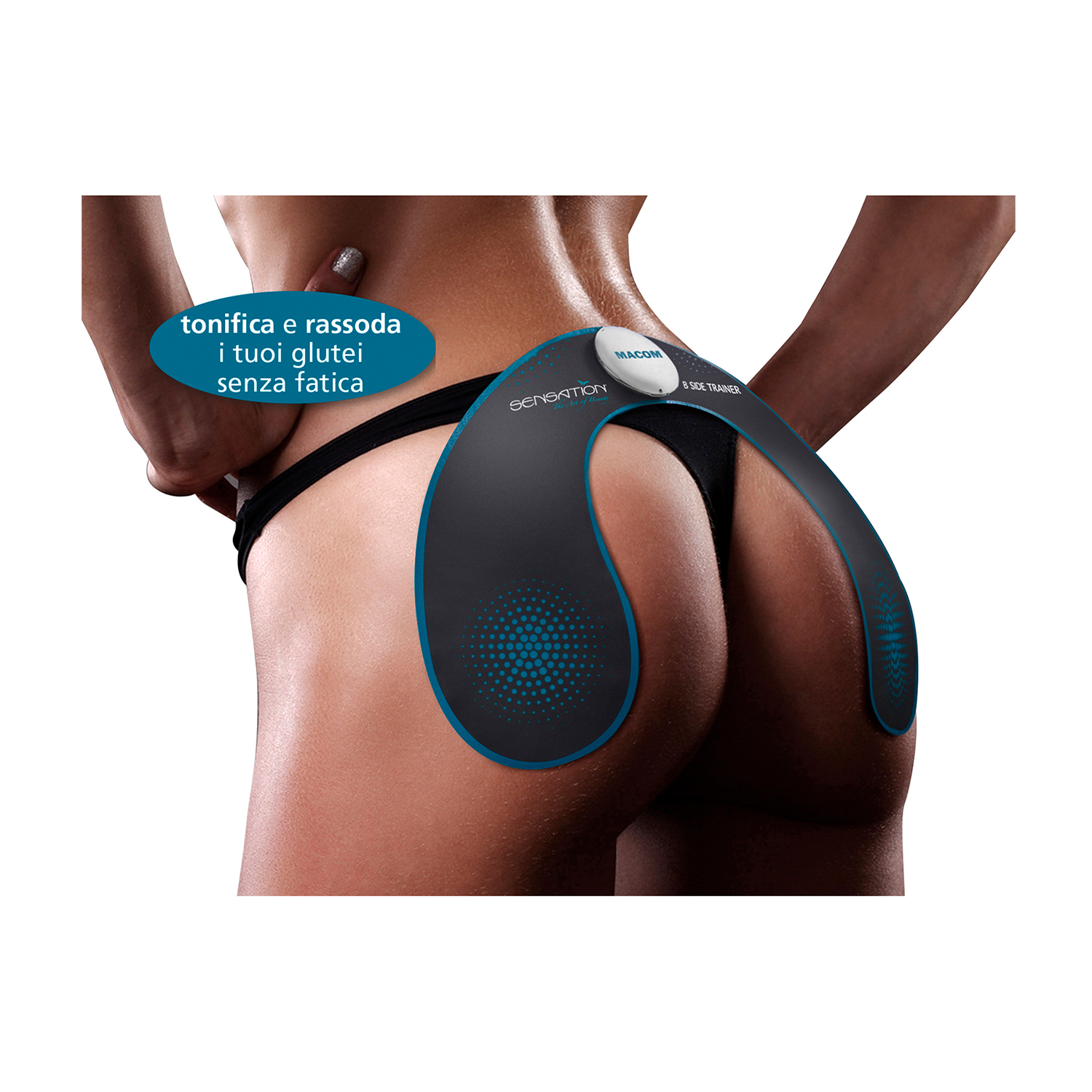 Una donna con un dispositivo sui glutei con il testo "SENSATION" e "3 SIDE TRAINER".