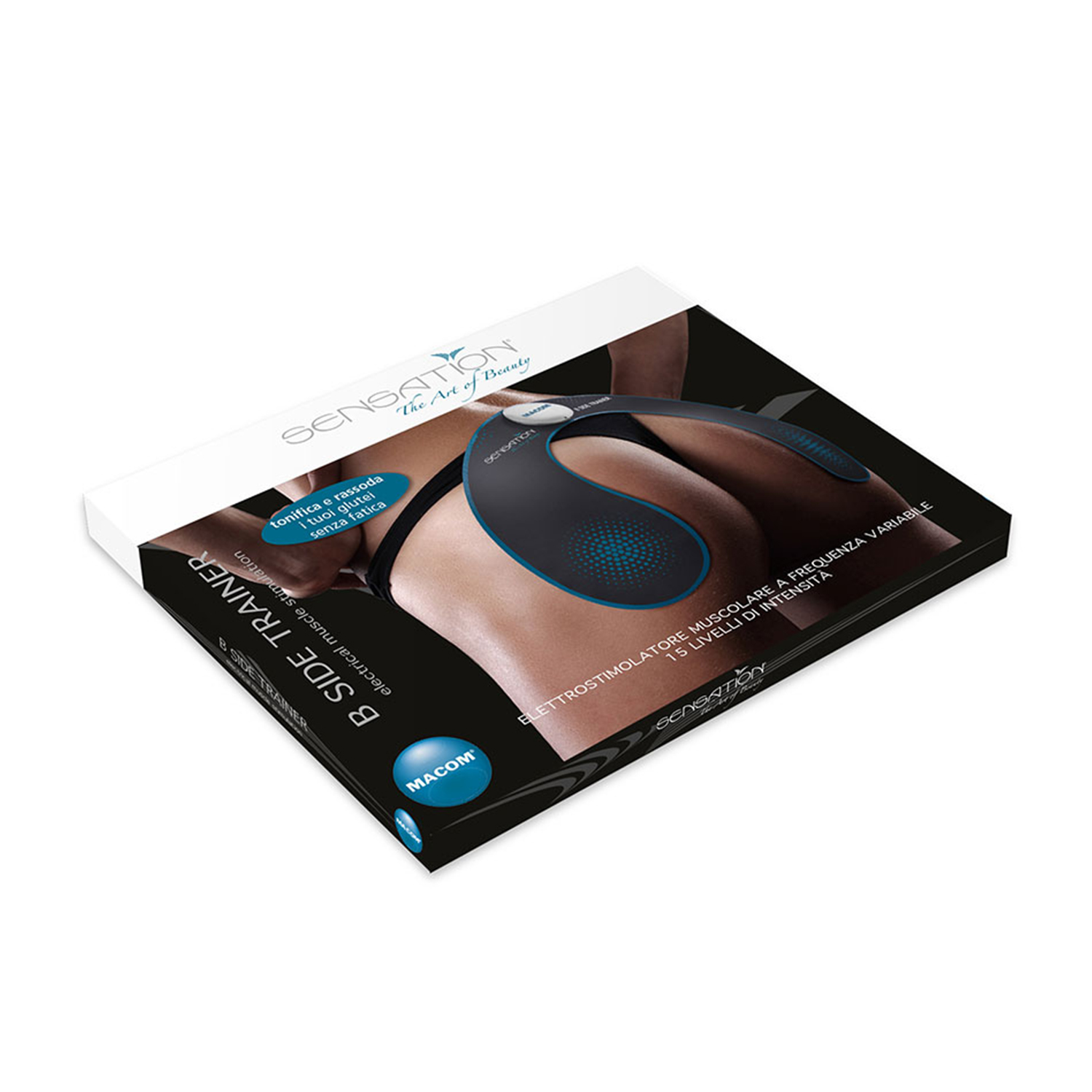 B-Side Trainer in scatola per la stimolazione muscolare. Mostra il prodotto e il sedere.