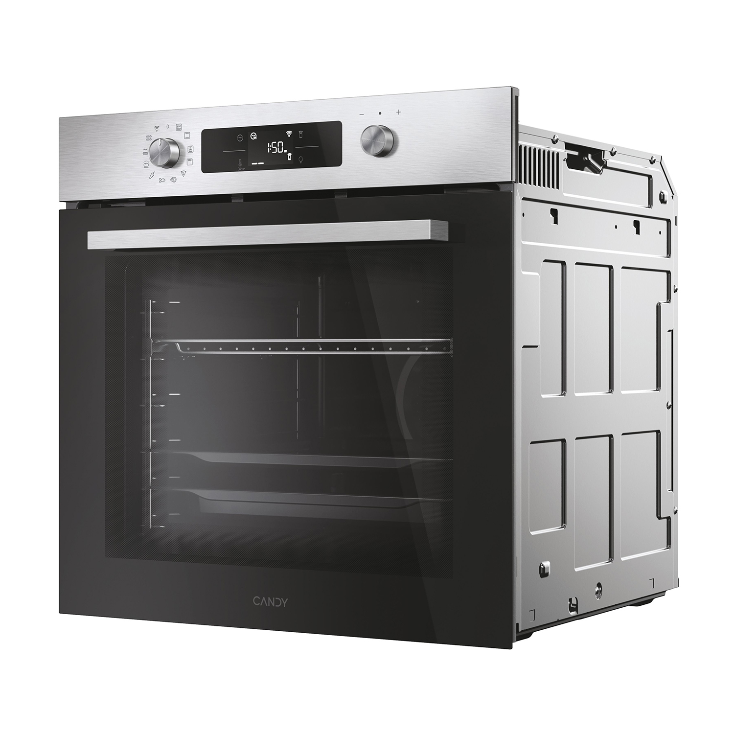 Un forno aperto con pannello superiore in acciaio inox e porta in vetro nero.