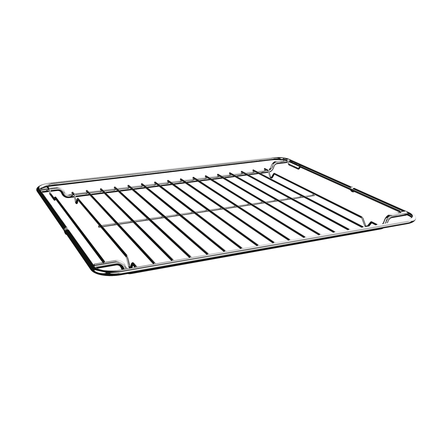 Griglia d'argento per forno su sfondo bianco. Barre orizzontali, forma rettangolare.